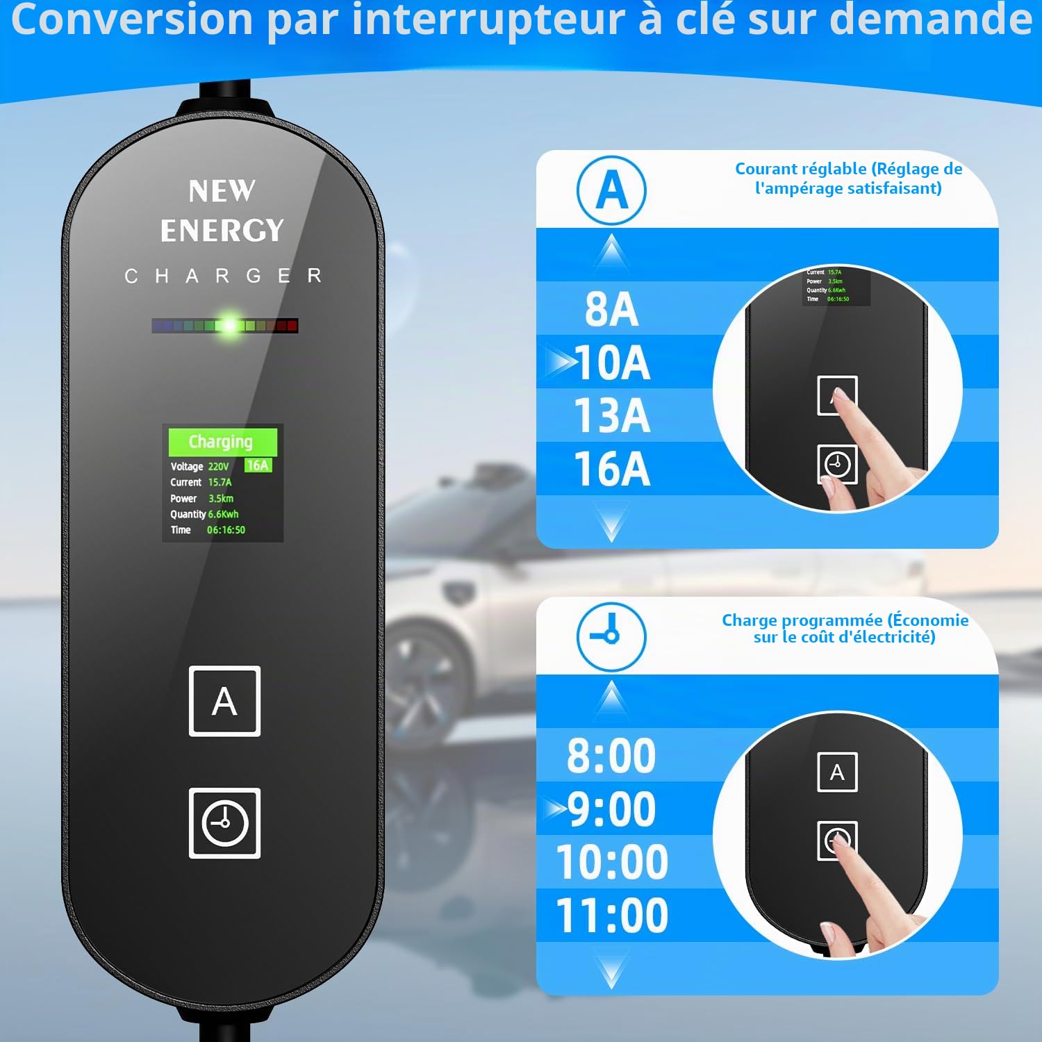 Chargeur Voiture Electrique 3,5kW [5m, 6/8/10/13/16A] Cable Type 2 Recharge avec Affichage Numérique Contrôlable Compatible avec E-208, Model Y, Mégane E-Tech, 500e et Autres EV/PHEV | Chargeur de voiture électrique contrôlable compatible avec modèle 3/Y,