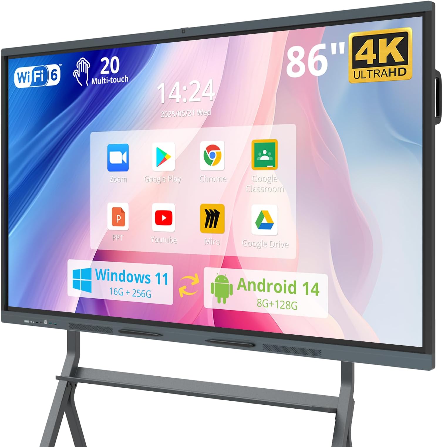 86" Smart Board 4K Interactive Whiteboard SmartBoard for Classroom & Office, Android 14 & Windows 11 Pro 16G RAM+256G ROM Touchscreen with 13MP AI Camera 40-Points Wall Mount
