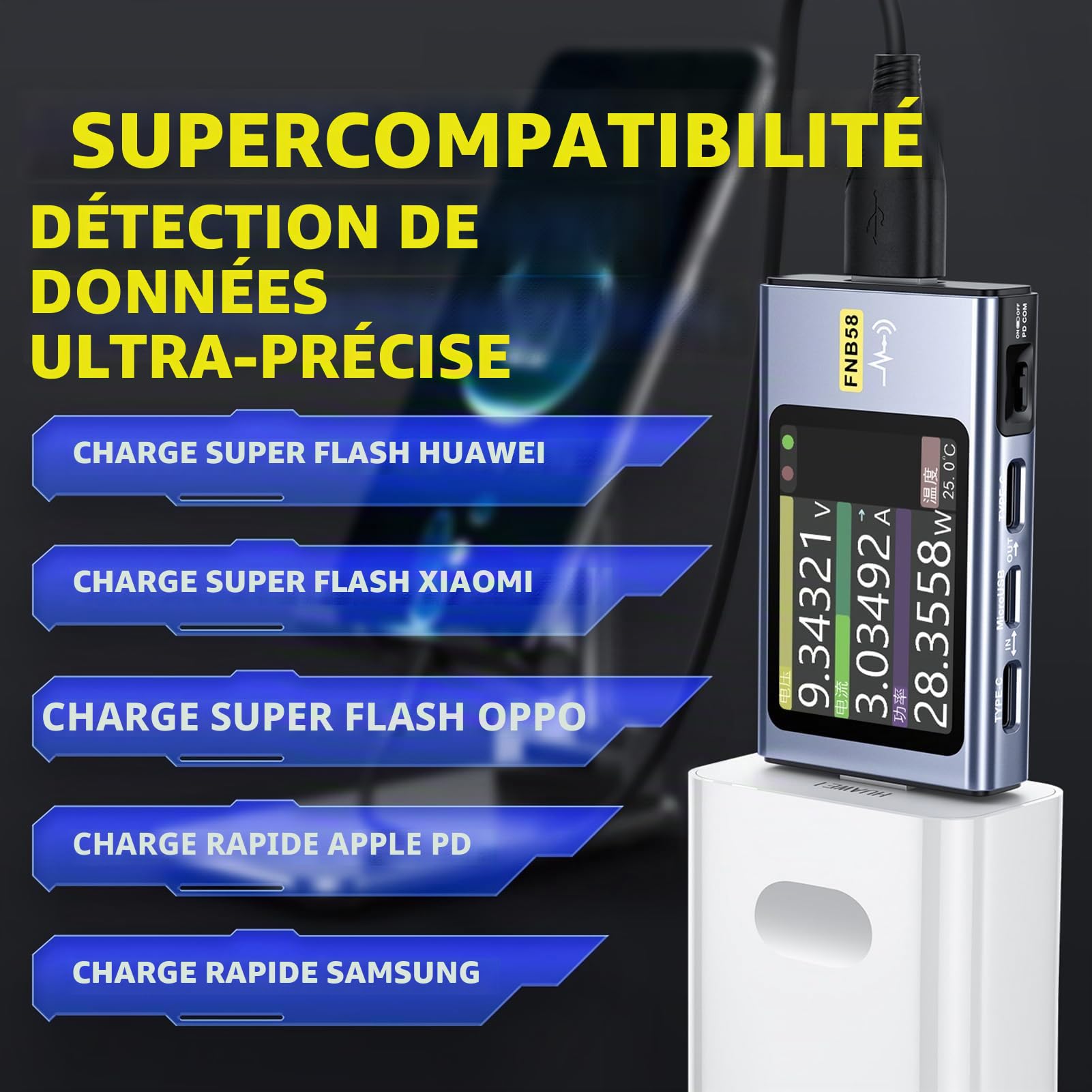 FNB58 Testeur USB Multimètre numérique de type C Testeur voltmètre ampèremètre Mesure de la capacité et des ondulations avec déclencheur Bluetooth Détection de charge rapide Tension