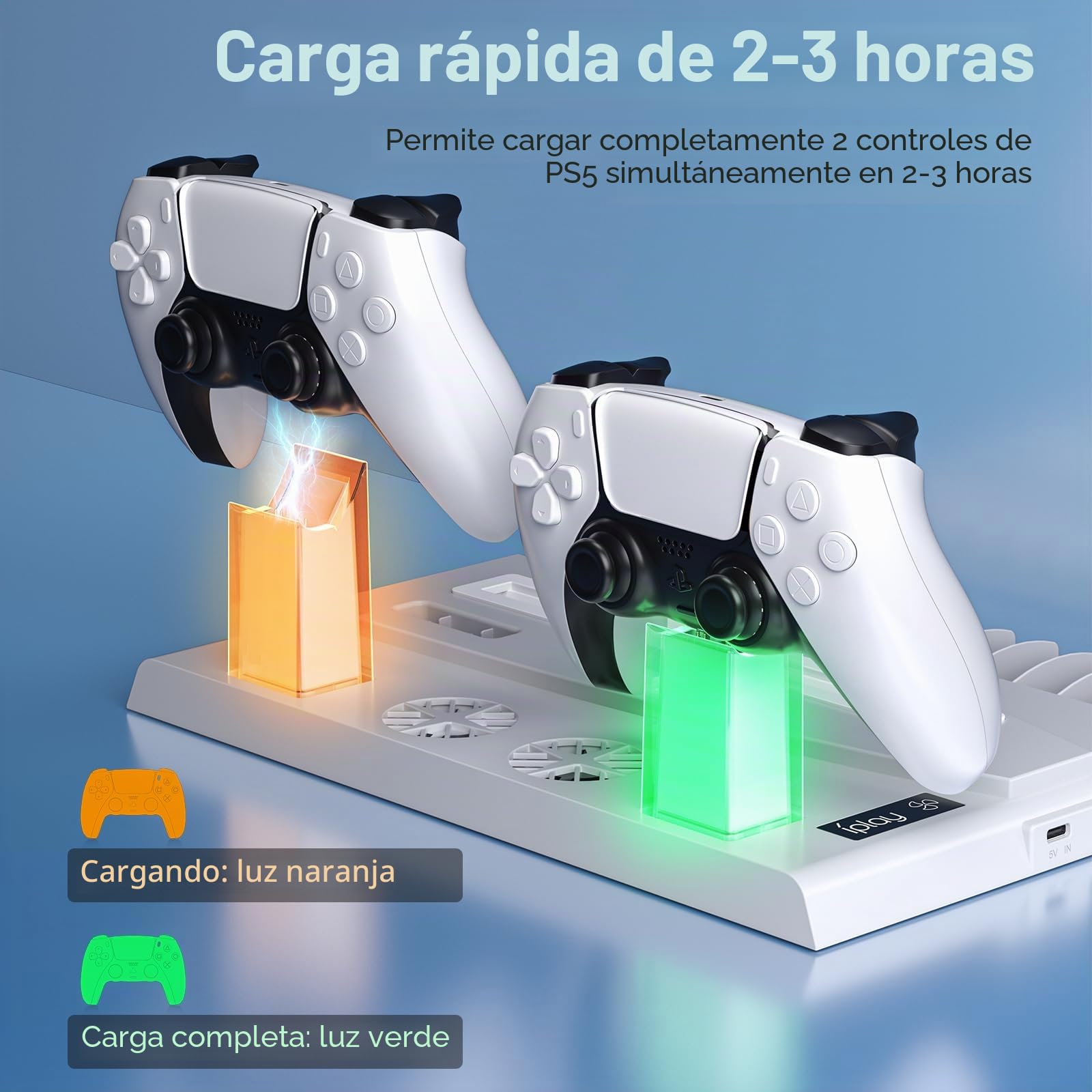 Soporte PS5 con Ventilador y Estación Carga Mando PS5, Multifuncional Soporte Refrigeración con Indicador LED Accesorios Playstation 5 15 Ranuras de Juegos(Edición Disc&Digital) (Blanco)