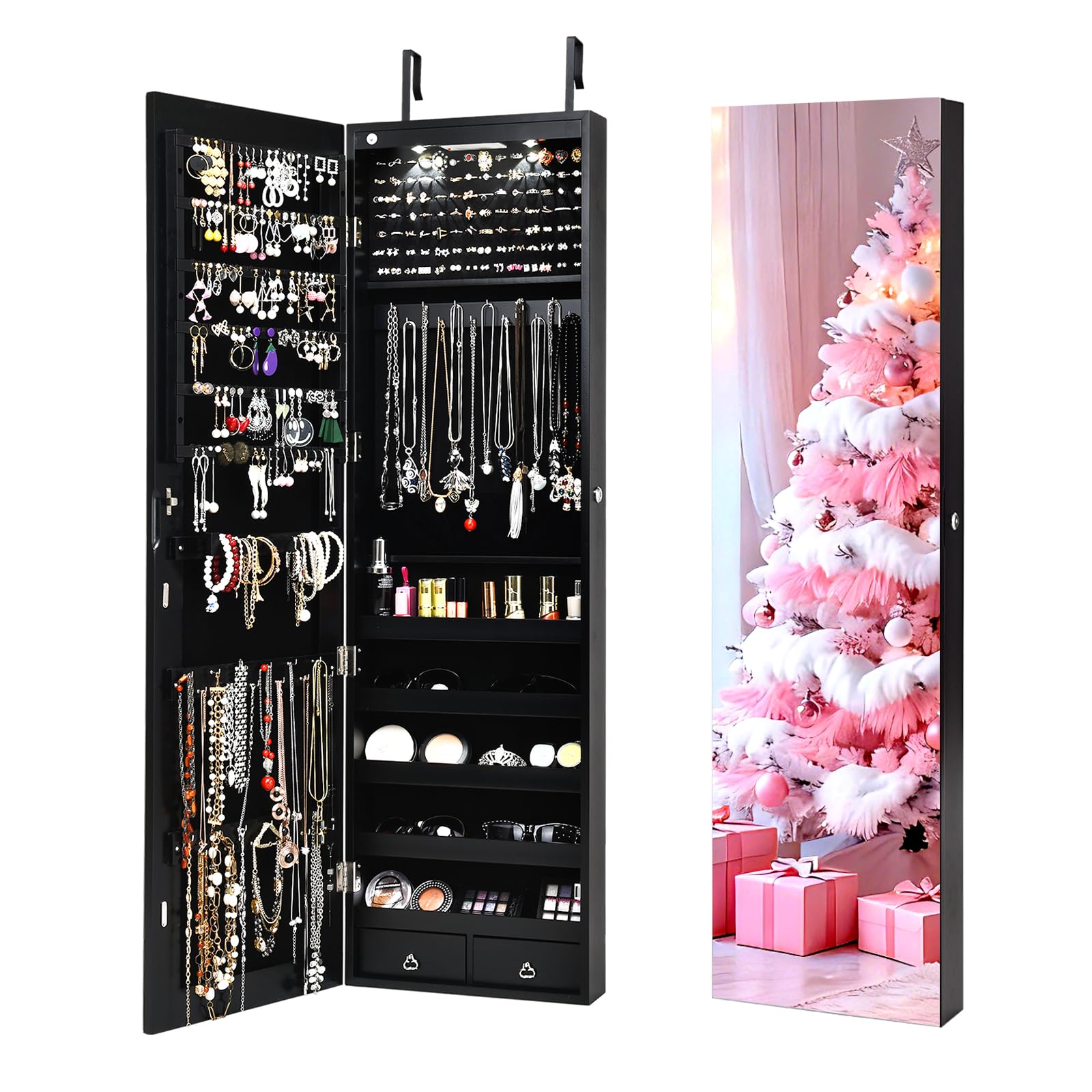 NAFORT 2 LEDs Jewelry Armoire with Full Length Mirror, 47.5" H Wall or Door Mounted Jewelry Cabinet with 2 Drawers, Lockable Jewelry Organizers and Storage, Hanging Jewelry Organizer, Black