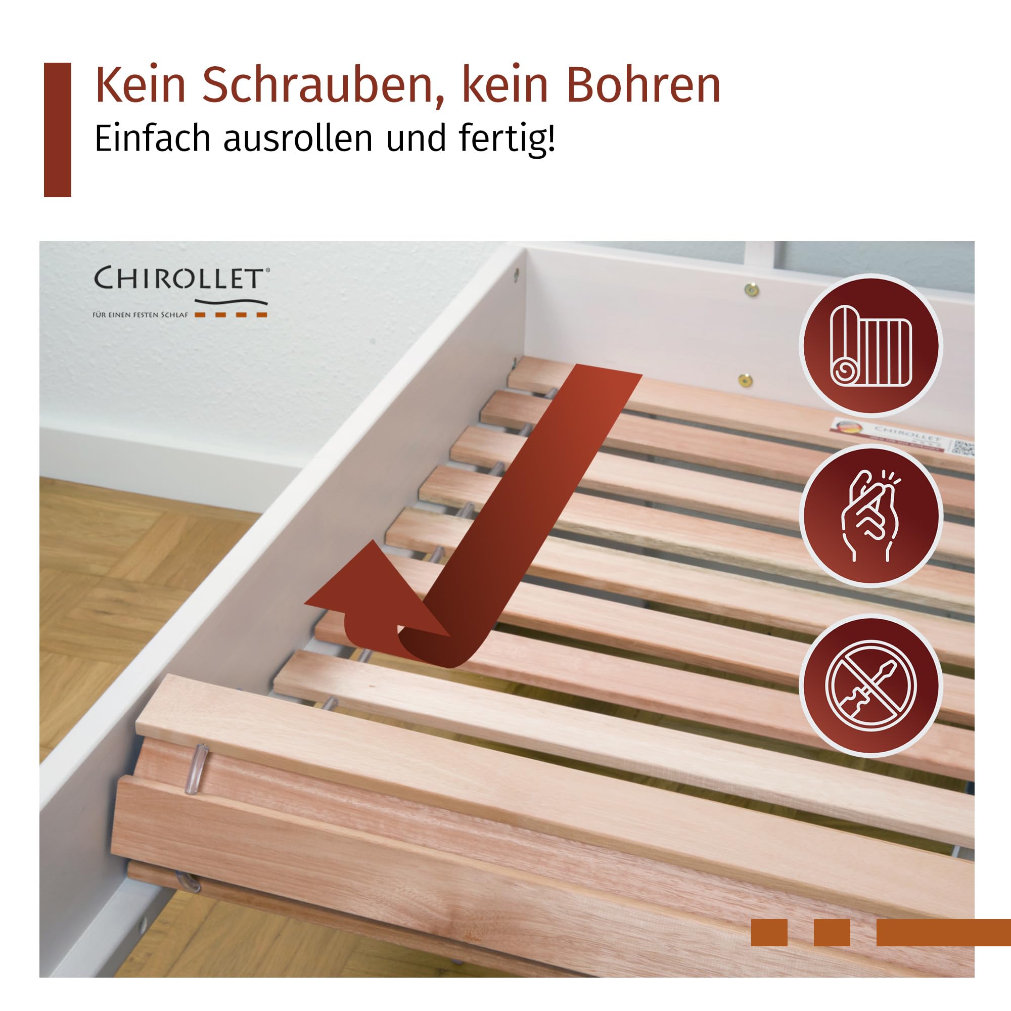 Premium Rollrost Passend für 100x200 cm große Betten | Ohne Montage & absolut rutschsicher | Belastbar bis 300 kg | Made in Germany | Roll-Lattenrost Vollholz | 10 Jahre Garantie