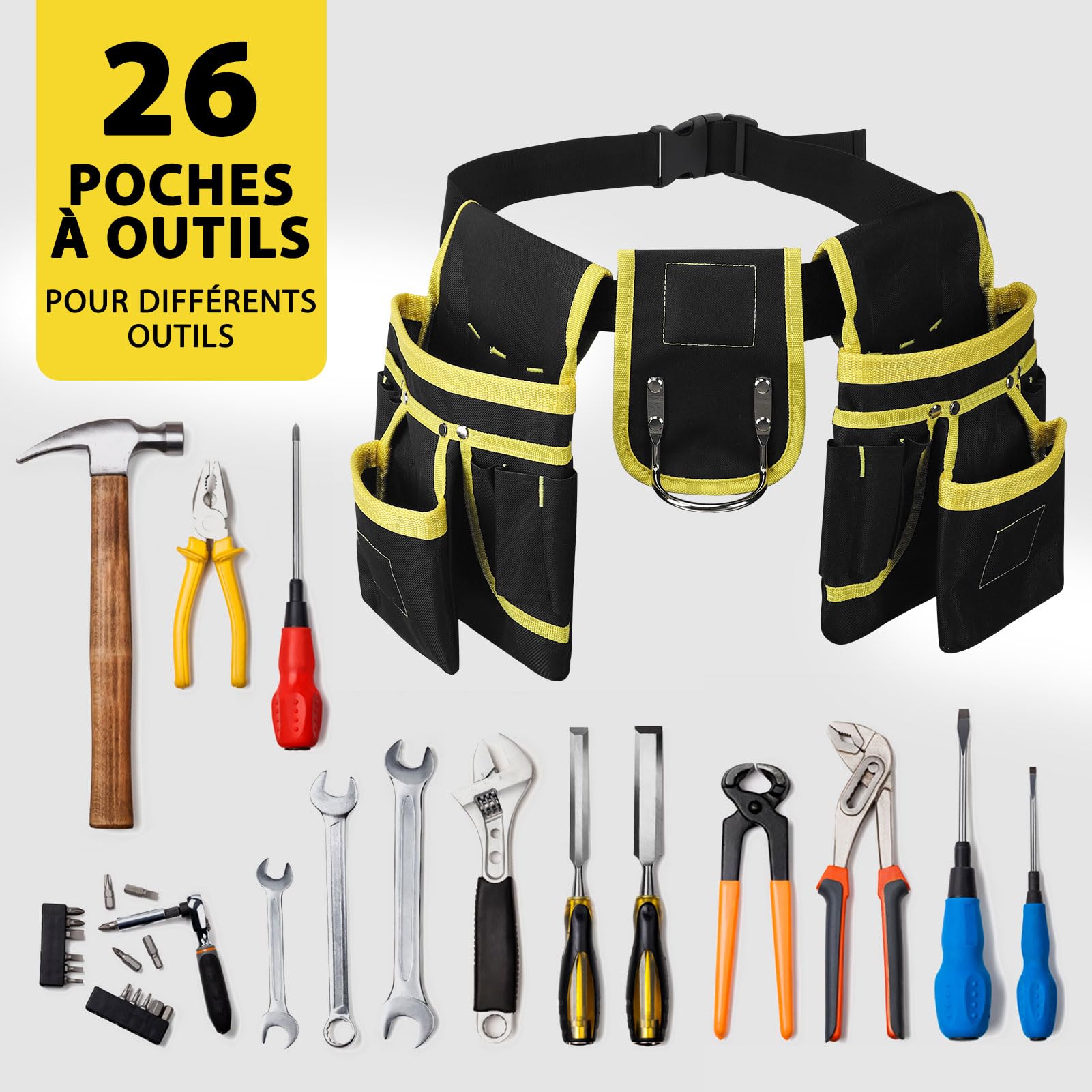 Ceinture Homme Porte Outil, Ceinture à Outils avec 26 Poches, Ceinture de Travail, Sac à Outils en Oxford avec Organisation des Outils Matériels pour Électricien, Charpentier, Construction