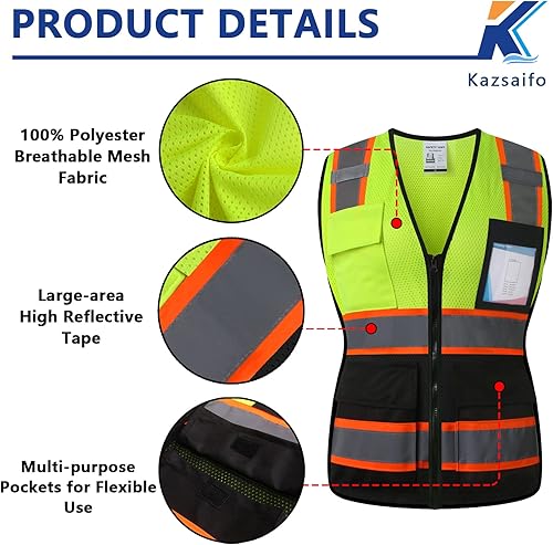 Miniatura 9 de Kazsaifo Chaleco de seguridad reflectante para hombres y mujeres, con 5 bolsillos y cremallera frontal, chaleco de malla de alta visibilidad,