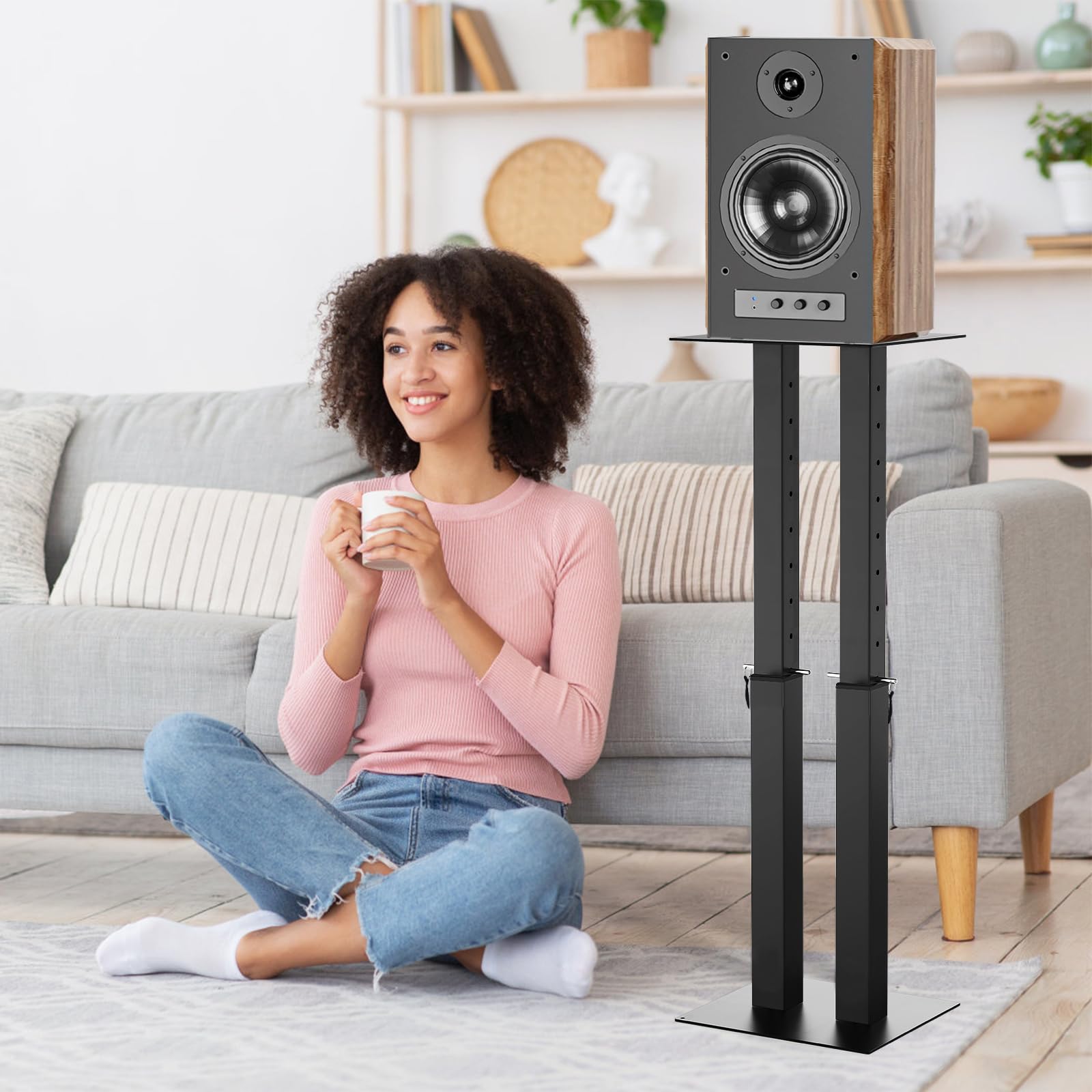 OUUTMEE Supports d'Enceinte Réglable en Hauteur, Lot de 2 Pieds d'Enceintes Universel avec Gestion des Câbles pour Enceintes Satellites Jusqu'à 20KG (Noir)