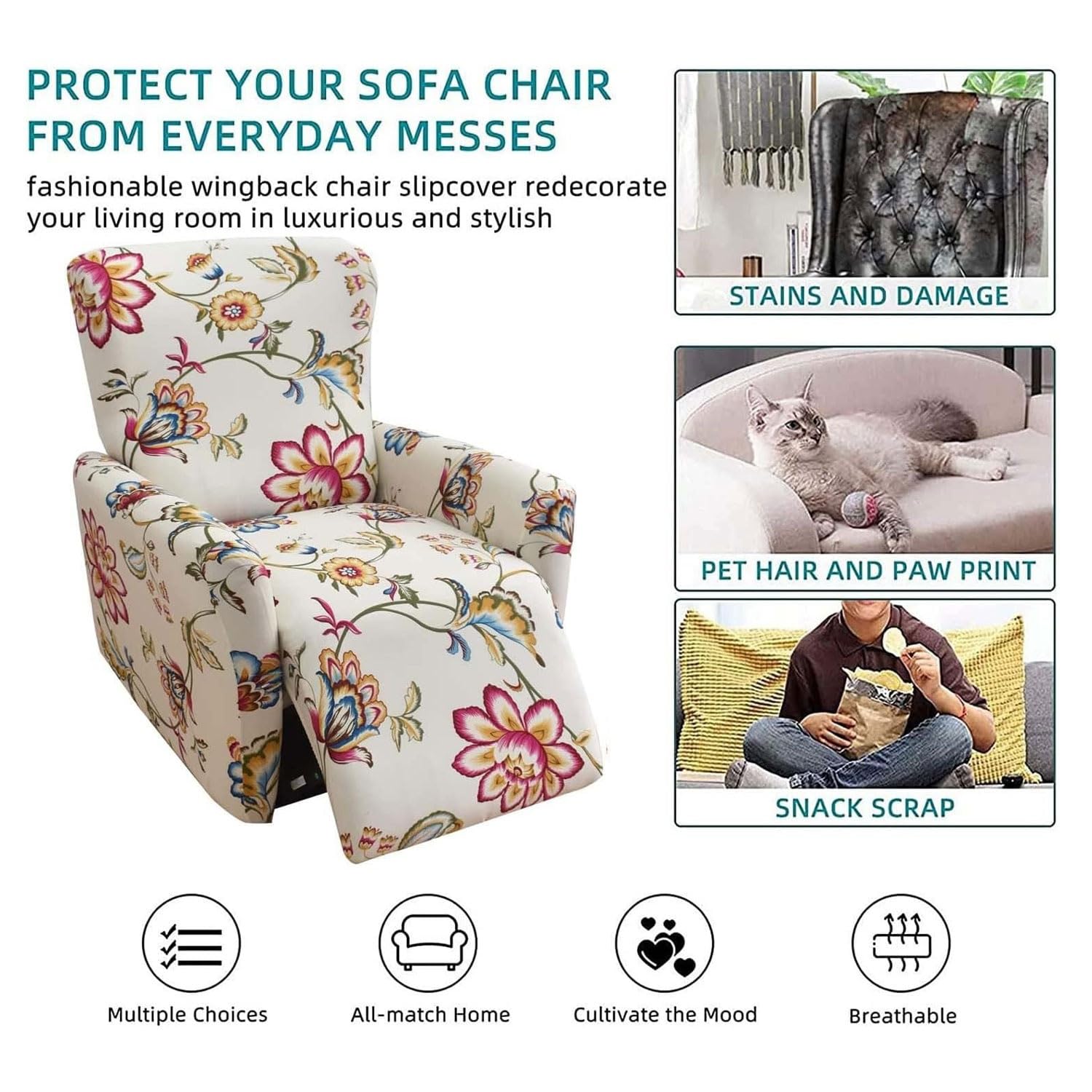 4-Pezzi Copripoltrona Relax Reclinabile Universale, Moderna Fodere Copripoltrona Reclinabile 1 Posto Elasticizzato Lavabile Rimovibile,Copertura per Poltrona Reclinabile(G)