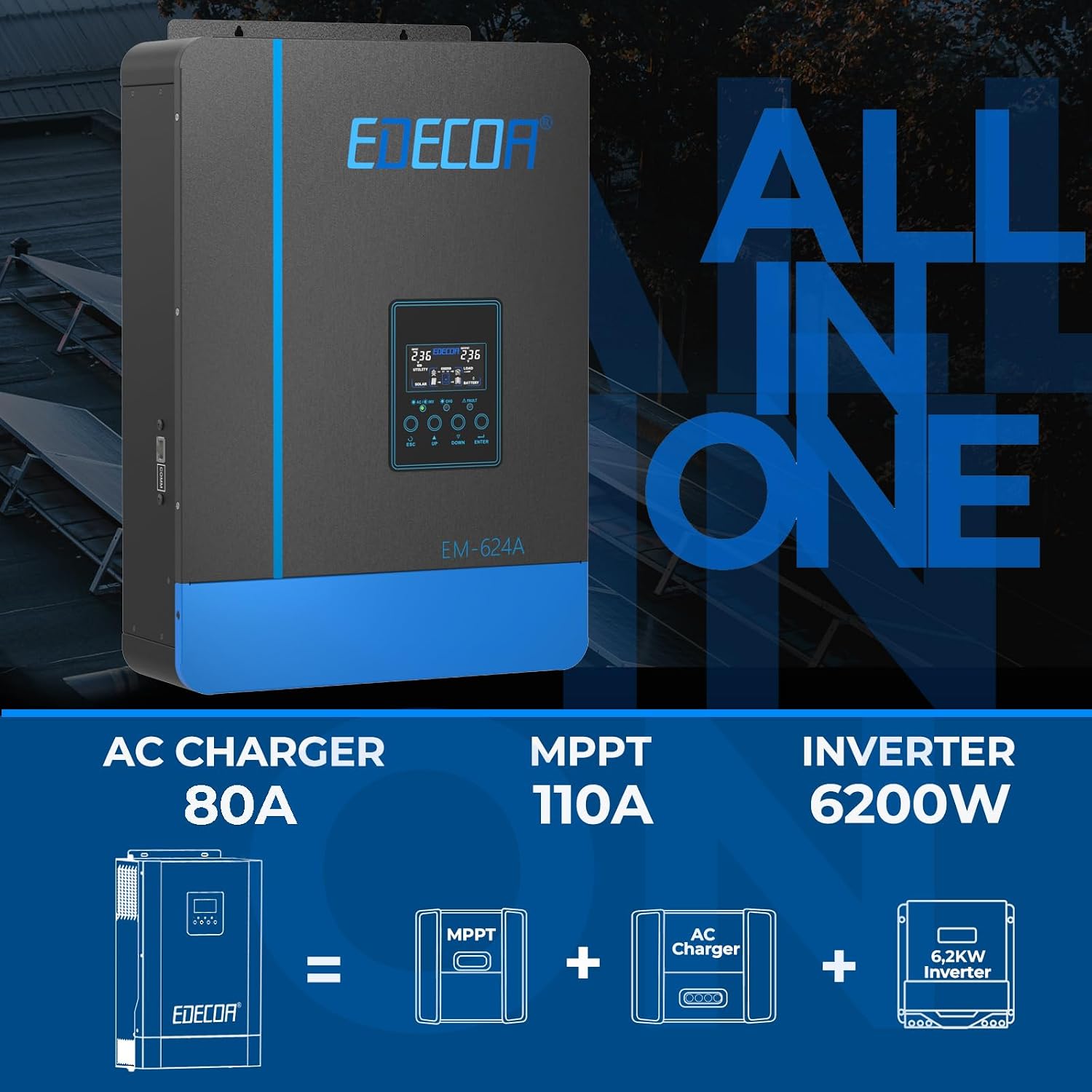EDECOA 6200W 7000VA Solar Power Inverter 48V DC to 230V 240V AC Hybrid ...