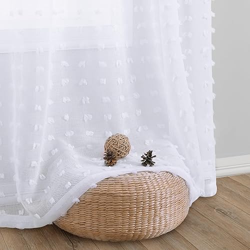 Miniatura 7 de Guken - Juego de 2 cortinas de gasa transparentes, con bolsillo para barra, pompones, bordadas, paneles para decoración de ventanas