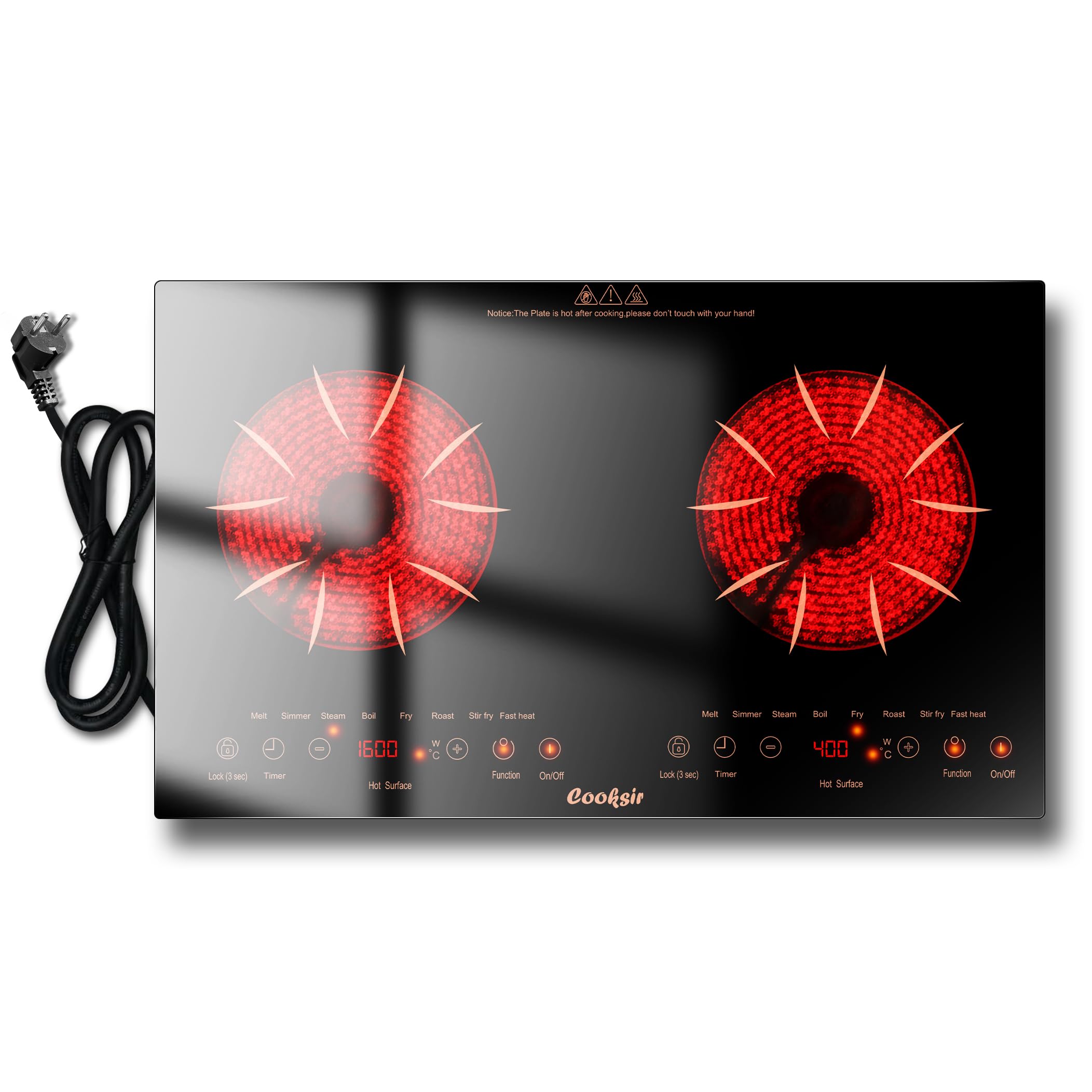 Placa Vitrocerámica de 2 Fuegos Portatil, 60 cm Para Empotrar o Móvil | Cooksir Vitroceramica, Autónoma, Tacto Horizontal Independiente, Bloqueo de Seguridad, 220 V ~ 240 V, 3600 W, con Enchufe