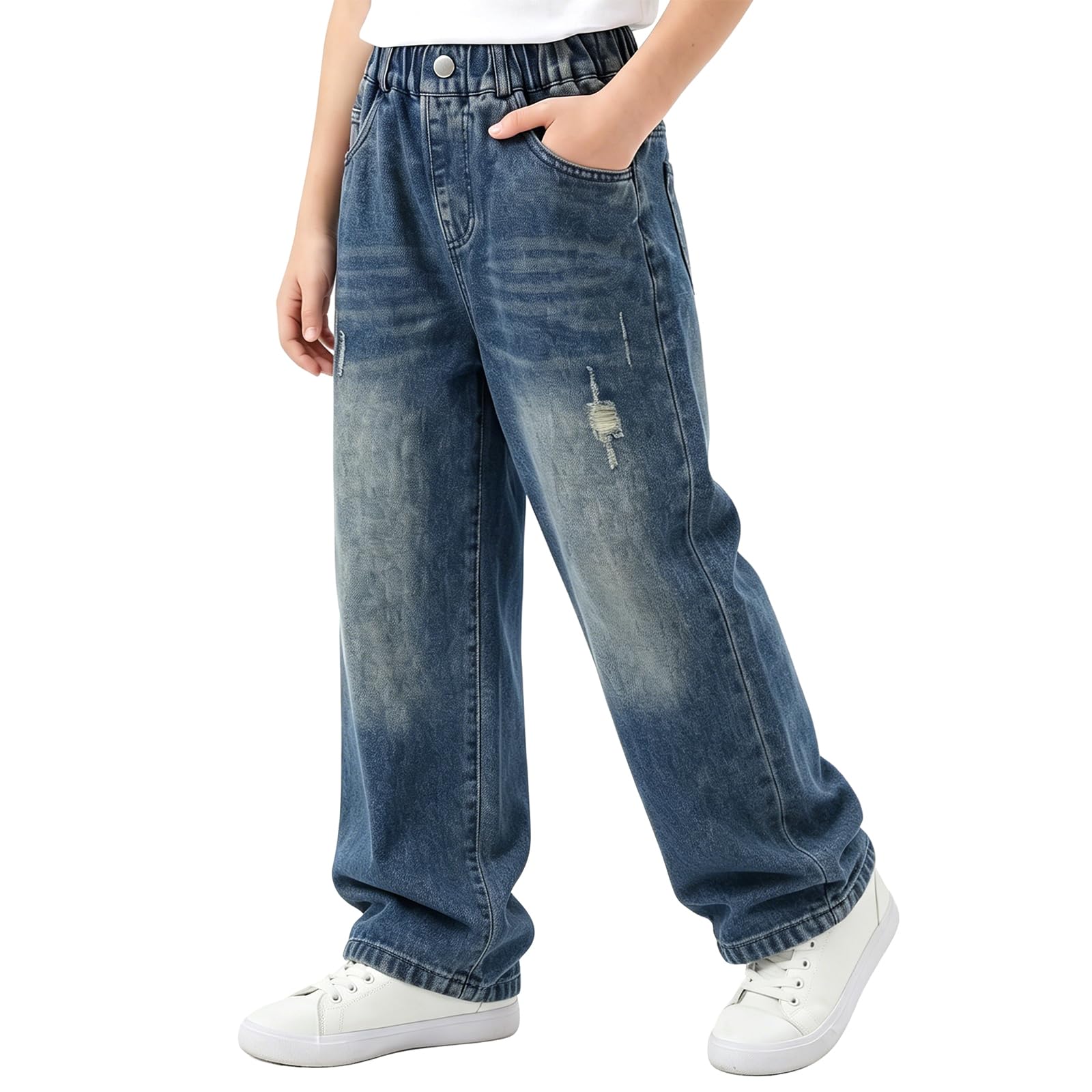 Jeans Baggy Ragazzo Bambino Pantaloni Denim con Vita Elasticizzata Tasche Multiple Casual Loose Fit Gamba Dritta Lunghi Jeans Moda Streetwear Vintage Denim Pants per Ragazzi 7-15 Anni