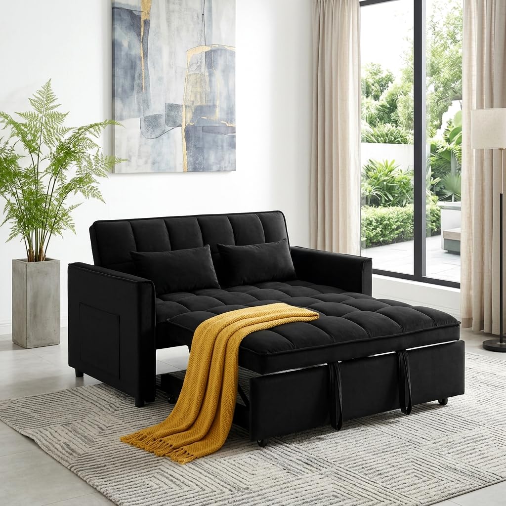 3 in 1 Convertible Sleeper Sofa Bed, 54'' Full Size Velvet Pull Out Futon Couch Recliner with Reclining Backrest & 2 Pillows, Small Loveseat Lounge Couches for Small Spaces (Black)