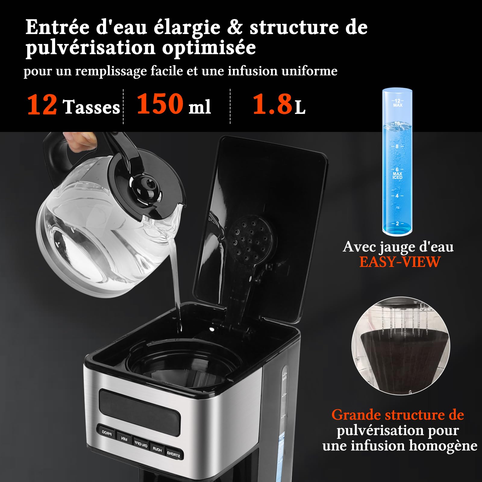 Taylor Swoden Cafetiere filtre 1.8L (12-15 Tasses) - Programmable 24H, 3 Niveaux Concentration + Café Glacé, Autonettoyage, Anti-Goutte, Maintien au chaud & Arrêt Auto 40Min, Filtre Amovible,écran LED