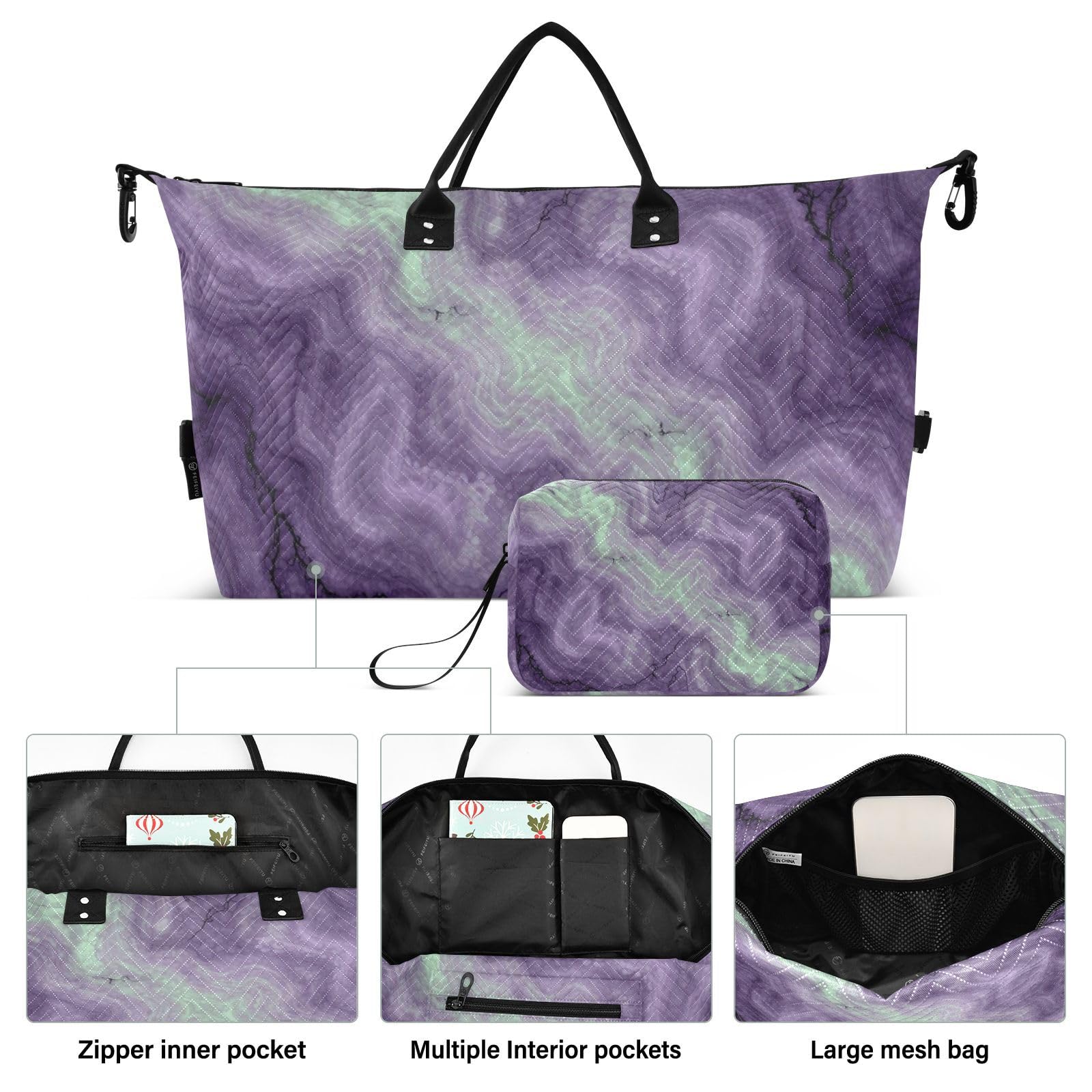 Reisetaschen-Set, 2-teilig, gewellt, gesteppt, Trolleyhülle, geräumig, Urlaub, Reisen, Pflaumenfarbener Marmor, One Size, Klassisch