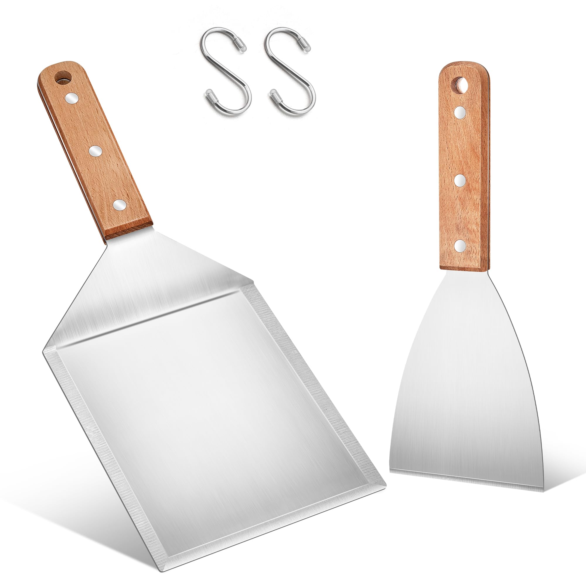 Herogo Grillspachtel Set, 2 Stück Edelstahl Plancha Spachtels und Groß Grillwender für Smash Burger, Teppanyaki, BBQ Zubehör, Grill Geschenke für Männer, Spülmaschinenfest - Holzgriff