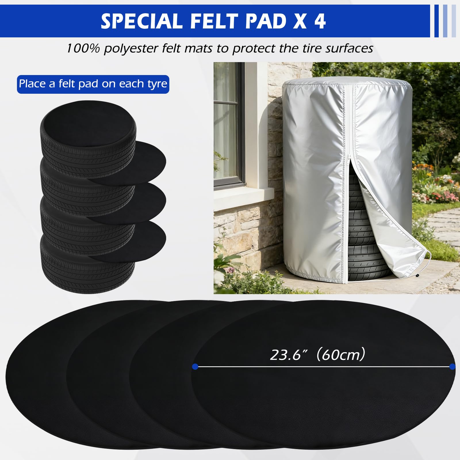 FreeTec Sac de protection pour pneus de voiture avec 4 tapis en feutre, housse de protection de pneu de 17 à 22 pouces, housse de protection pour 4 pneus, protection solaire Oxford 210D, housse