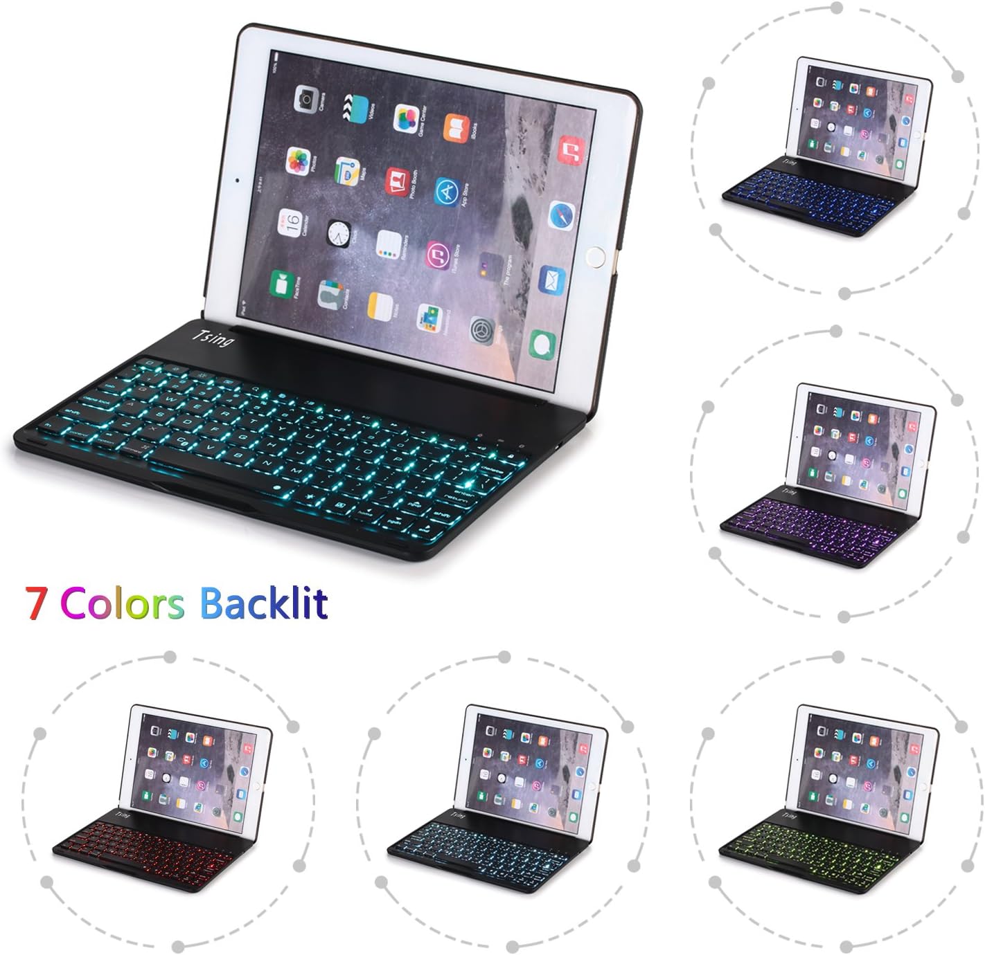 Tsing iPad Air 2 Keyboard Case, Bluetooth Keyboard for iPad Air 2 with 7 Colors Backlight, Backlit Aluminum Alloy Folio Flip Smart Case Cover - Black, Silver, Gold