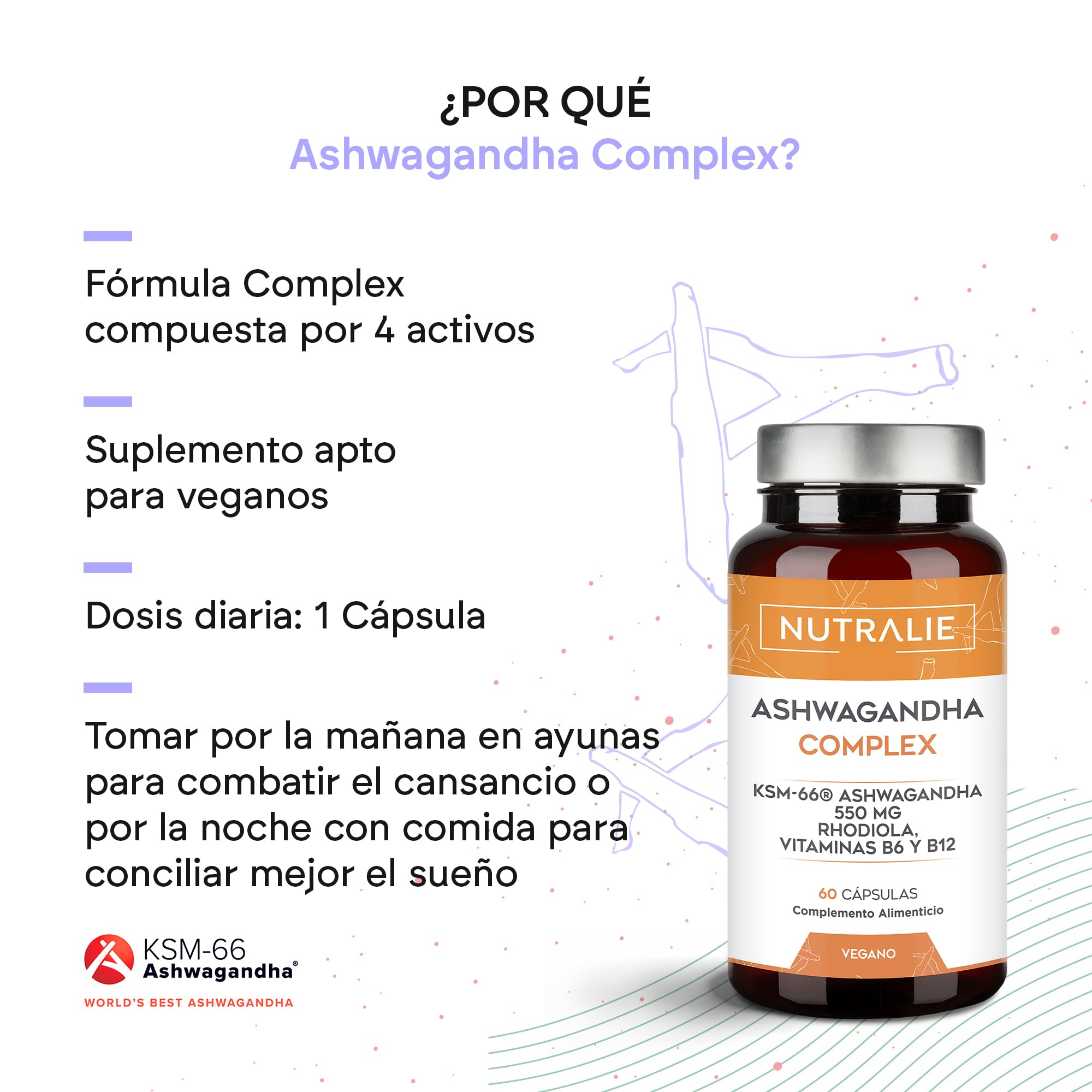 Ashwagandha KSM-66 - Rhodiola Rosea Vit B6 B12 - Ginseng Indio BIO-disponible con 5% de Whitanólidos y Vitaminas B6 y B12-60 Cápsulas Veganas Nutralie