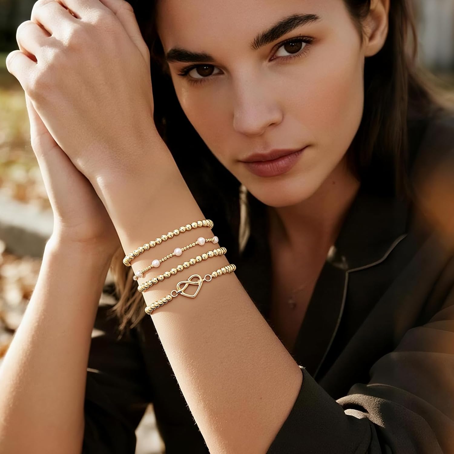 Gold Beaded Bow Heart Paperclip Pearl Stack Bracelet Set for Women, 4Pcs Handmade Golden Beads Pearls Stretch Stackable Bracelets Party Jewelry Accessories Gift - Image 3