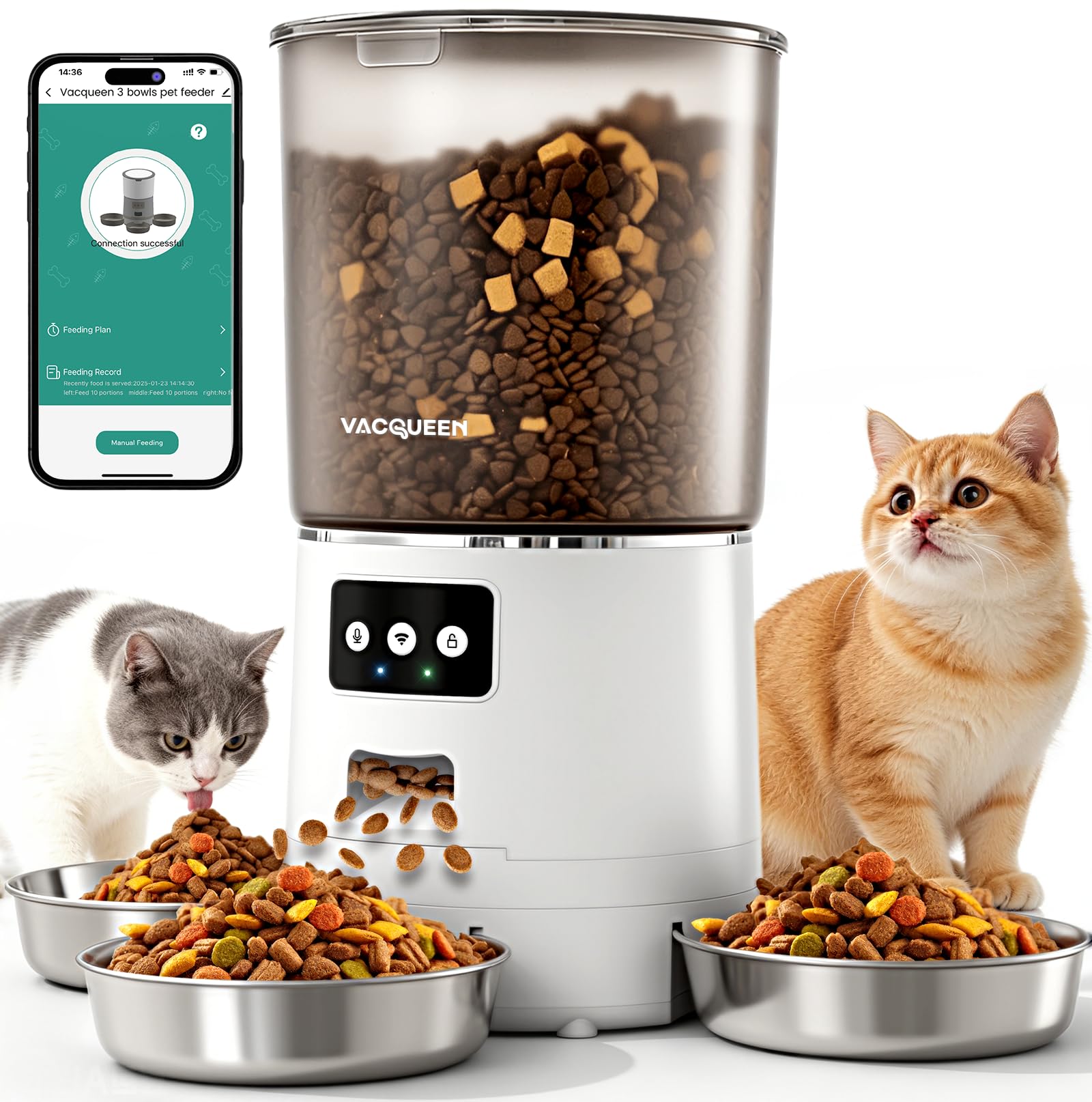 Automatic Cat Feeder for 3 Cats, 6L/25 Cup Cat Food Dispenser with Strong Anti-Jam System, Dual-Effect Desiccant, Smart WiFi App Control Pet Feeder,