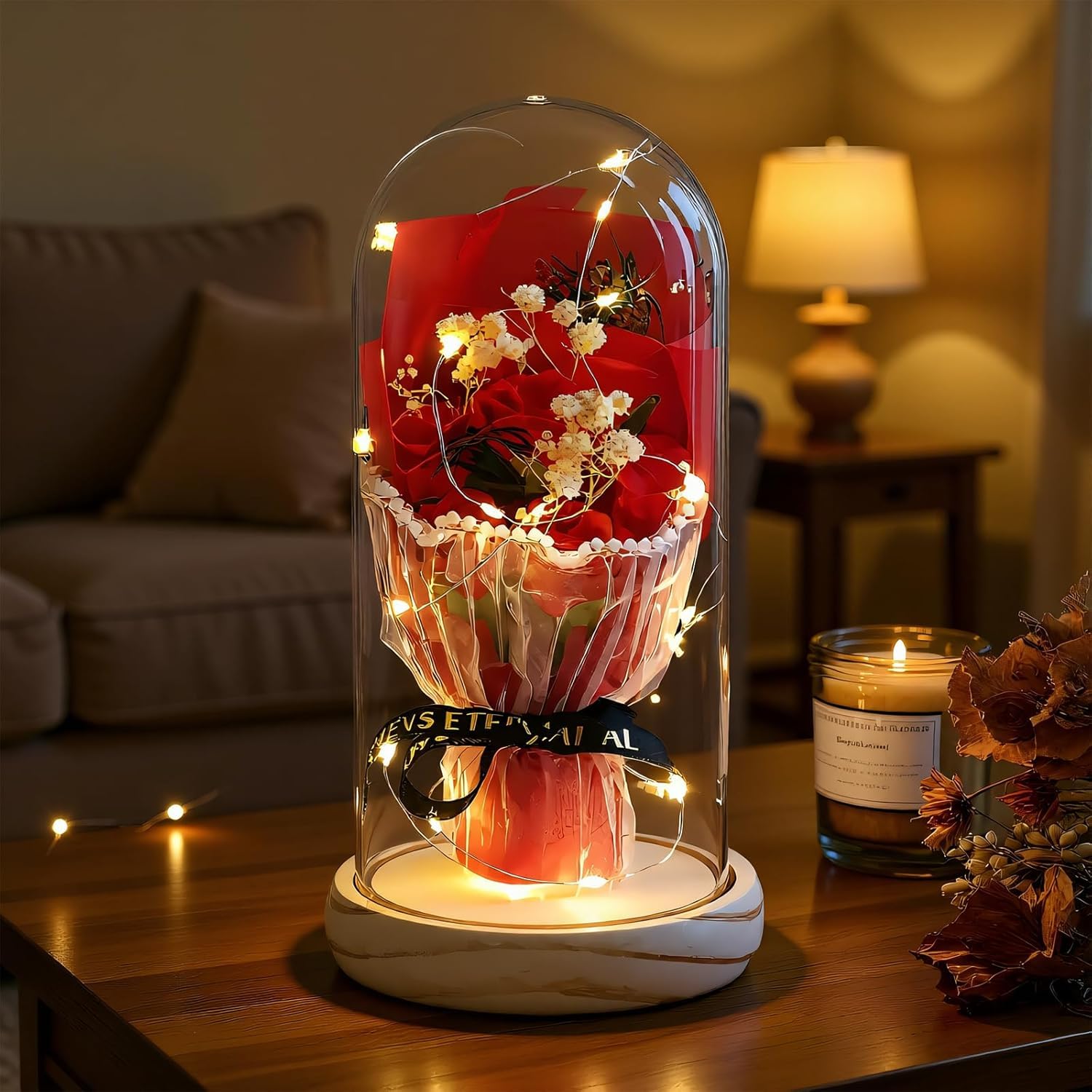 Artificial Eternal Roses in Glass Dome - 7 Silk Flowers with LED Lights, Solid Wood Base | Birthday Gifts for Mum, Grandma, Women | Elegant Anniversary & Home Decor (Upgraded Secure Packaging) — image 1