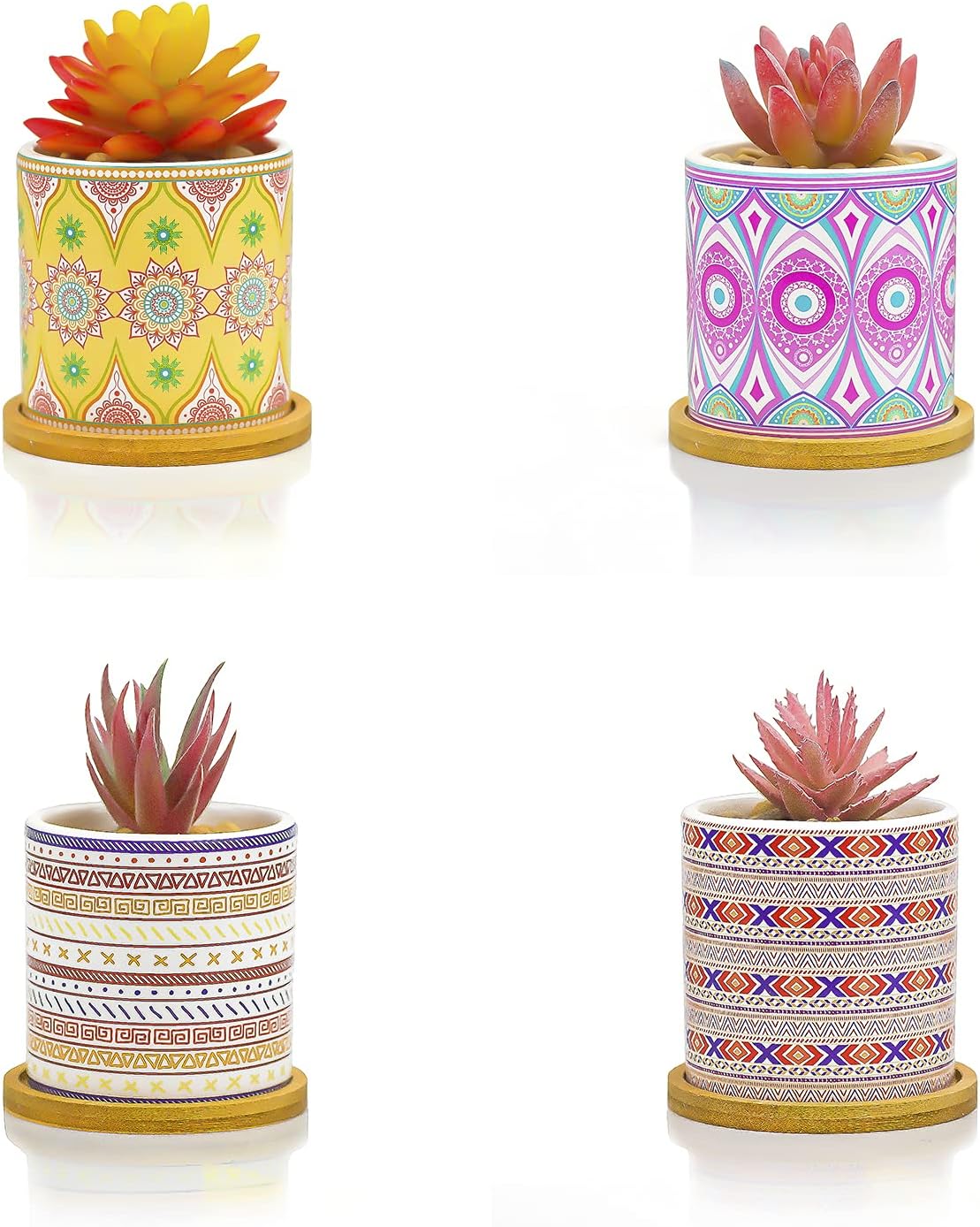Succulent Pots Ceramic Cactus Pots , 3 Inch Succulent Planter with Drainage Hole, Bamboo Trays Set of 4