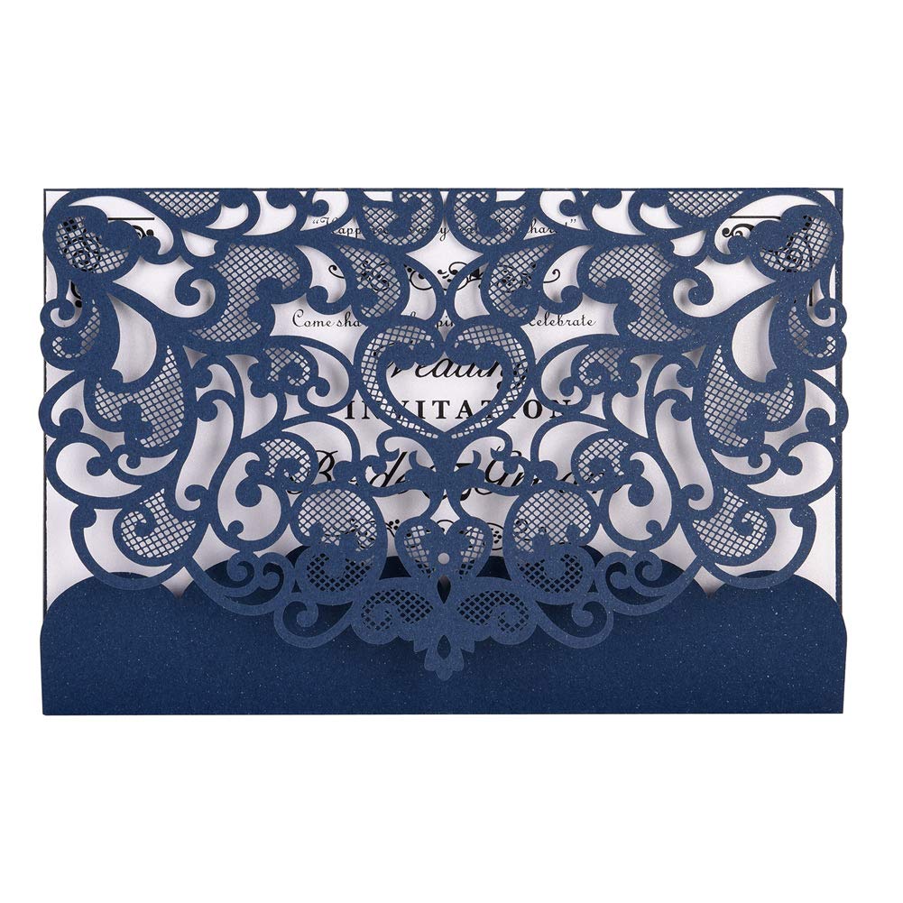 Eleva Confezione da 50 biglietti di invito per matrimonio, tagliati al laser, con carta bianca stampabile e buste, blu navy