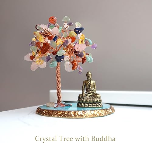 Miniatura 3 de CRUCISRESIN Estatua de Buda con árbol de cristal curativo, árbol de la vida para energía positiva. Decoración del hogar Yoga Meditación.7 Chakra.(C)