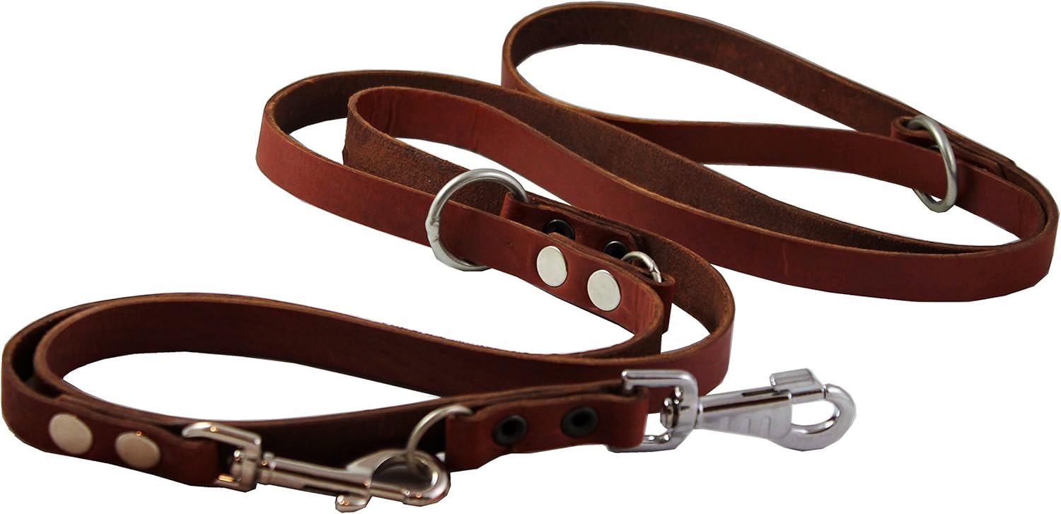 Tan 6 Way European Multifunctional Leather Dog Leash, Adjustable Hands Free Lead 49"-94" Long, 3/4" Wide (18 mm) for Large Dogs