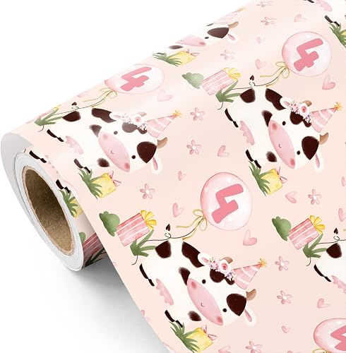 WRAPAHOLIC Girl 4th Birthday Wrapping Paper - Mini Roll - 17 Inch x 16.5 Feet - 