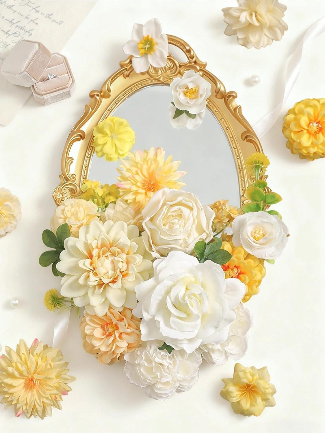 Artificial Flowers Combo Box Set White Yellow Roses Dahlia Fake Silk Flowers with Stems for DIY Wedding Bridal Bouquets,Floral Arrangement,Table Centerpieces,Baby Shower,Home Decorations