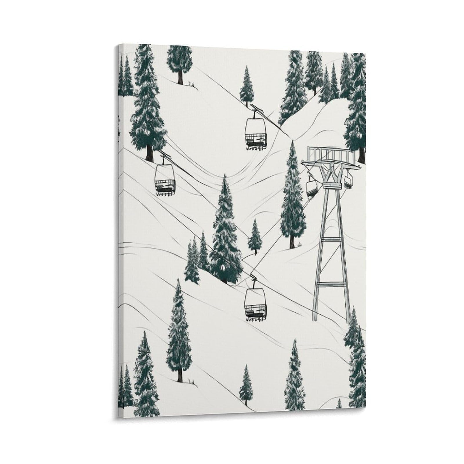 LDGSUPH Ski Lift With Fir Tree Canvas Wall Art Prints Hangable Decor Painting for Wall Prints Painting Artwork Modern Decorative Artwork Ready to Hang Wall Pictures for Home Decor 20x30inch(50x75cm)