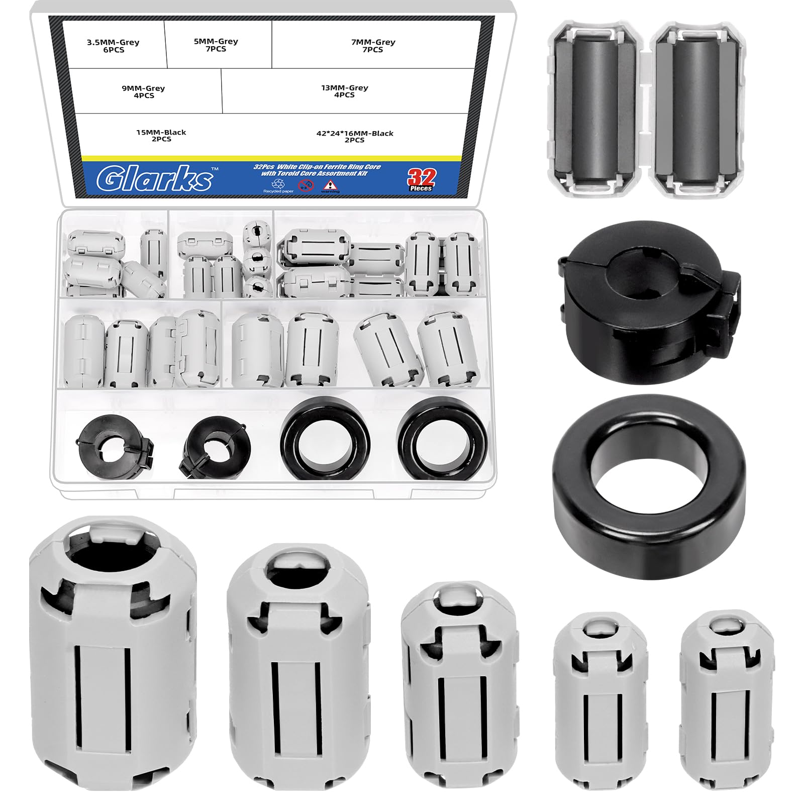 Glarks 32pcs Grigio Clip-on Ferrite Ring Core Set Include 28pcs 3.5/5/7/9/13MM Interno Diametro Clip Cavo RFI EMI Suppressore del rumore Clip Cavo 2pcs Toroid Cores 2pcs 15MM Ferrite Cores
