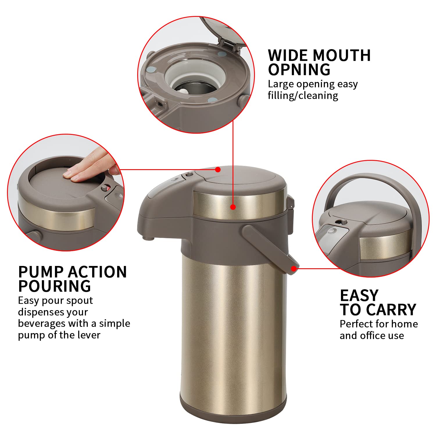 Thermos da 3,0 litri, in acciaio inox, a doppia parete, con meccanismo di pompa, caraffa per caffè, caraffa per 16 tazze (oro)