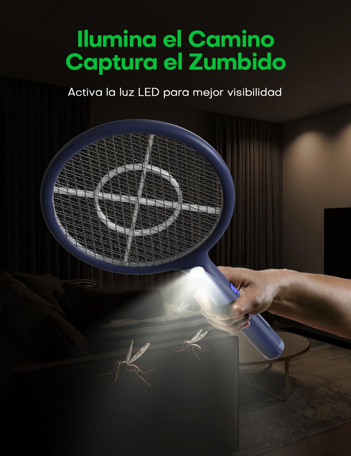 AROEVE Raqueta Mosquitos Electrica, 2-en-1 Raqueta Matamoscas Electrica, 4000V, Base de Carga USB, Batería Recargable de1200mAh, Modo de Atracción Auto, luz LED, Protección de 3 Capas,Azul