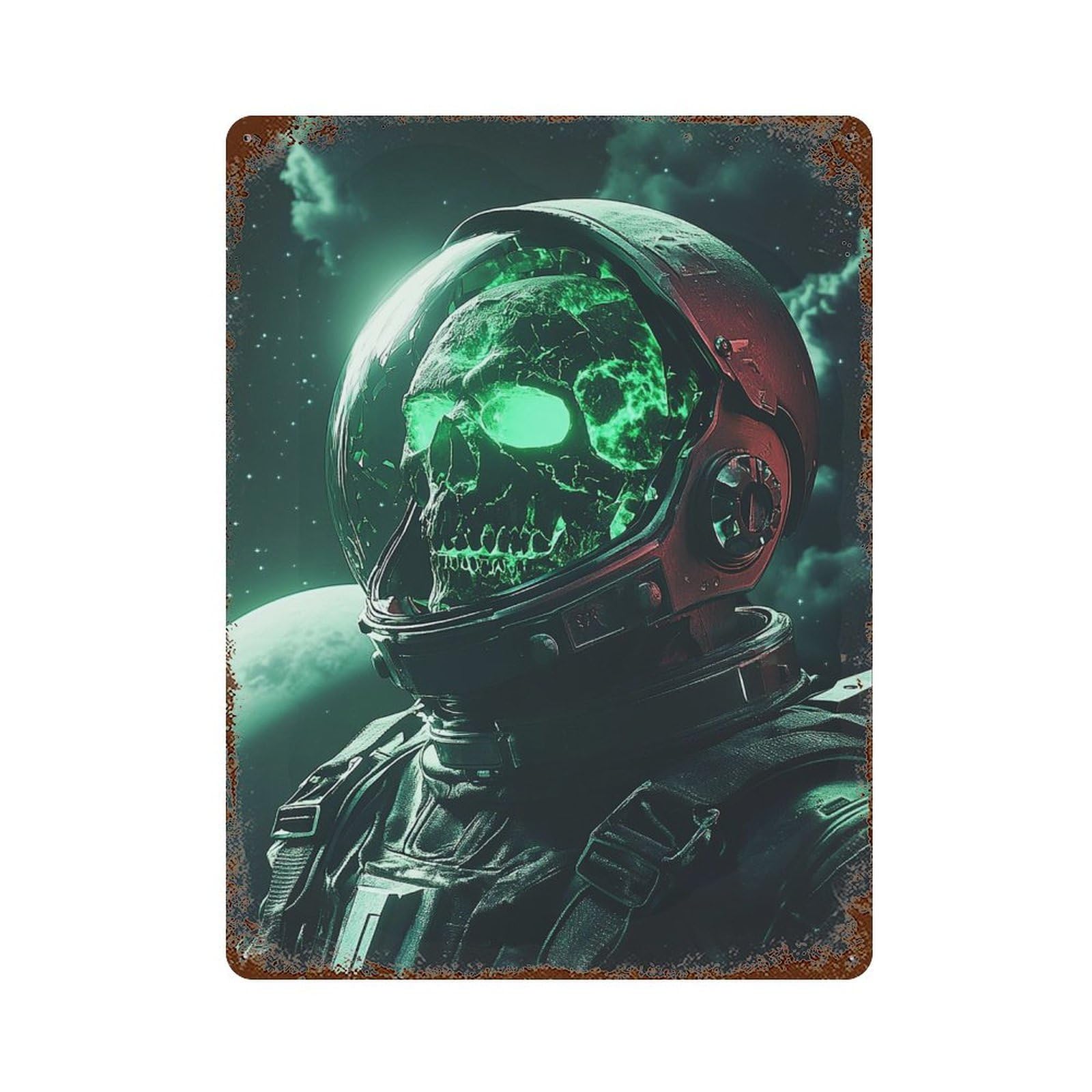 Rust Effect Space Explorer with Glowing Skull Helmet Rusty Metal Tin Sign 15.7"x11.8", Farmhouse Wall Decor for Cafe, Home Bar And Lounge Decor