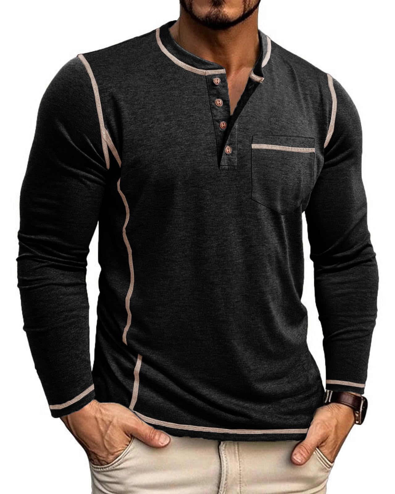 LAOARA Langarmshirt Herren Longsleeve T-Shirts Henley Shirt Langarm Longshirt Slim mit Tasche Knopfleiste M-3XL