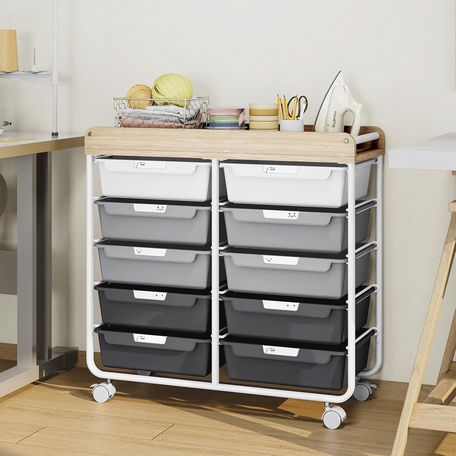 10 Drawers Rolling Cart with Wooden Tabletop, Utility Storage Cart with Wheels, Art Supply Craft Organizer on Wheel with Metal Frame & Handles for Home Office School,Grey