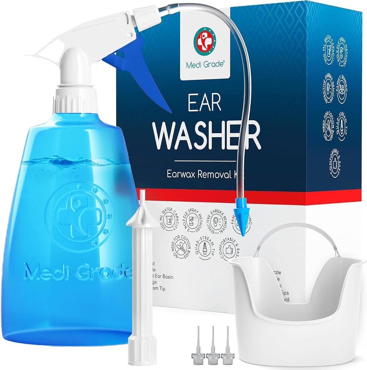 Medi Grade Ear Cleaning Kit Including Ear Cleaner Bottle, Basin with Quad-Stream tip - Earwax Removal Kit for Enhanced Hearing Clarity - Ear Wax Removal Tool for Ear Hygiene