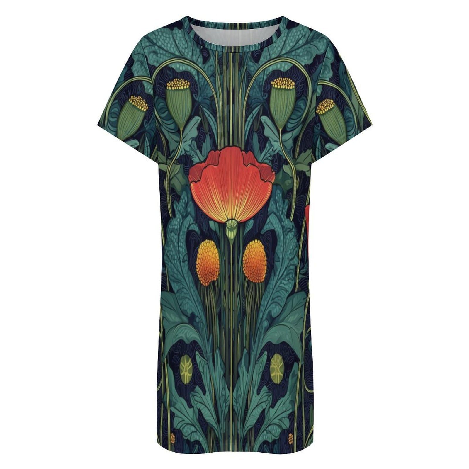 Pijamas De Verano para Mujer - Pequeñas Flores Rojas Camisón De Manga Corta para Estar En Casa Tallas S-3Xl Holgado Largo Suave para El Verano.