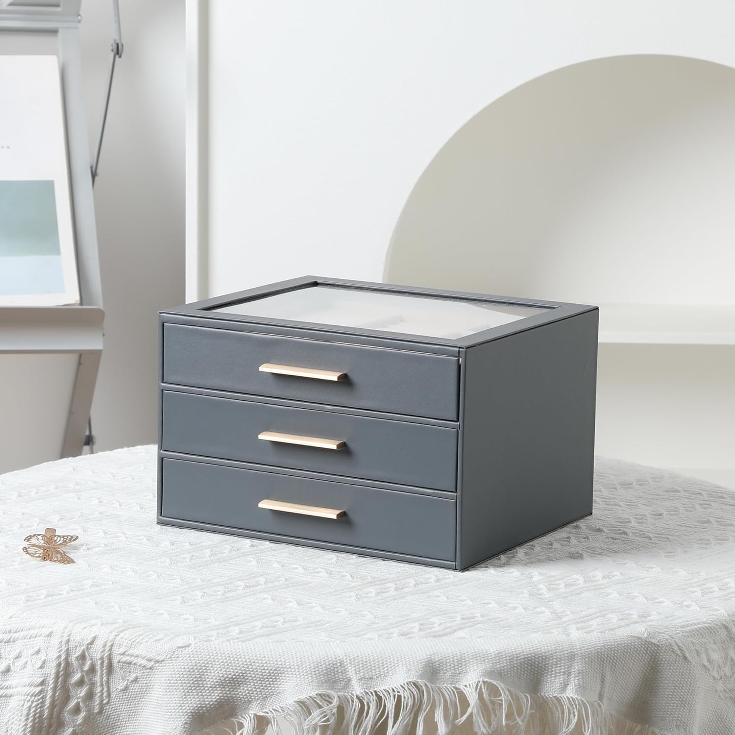 Frebeauty Clear Lid Jewelry Box,3-Layer Jewelry Organizer with Drawer,PU Leather Jewelry Organizers and Storage,Jewelry Boxes for Women,Jewelry Storage for Rings Earring Stud,Gift for Women(Grey)