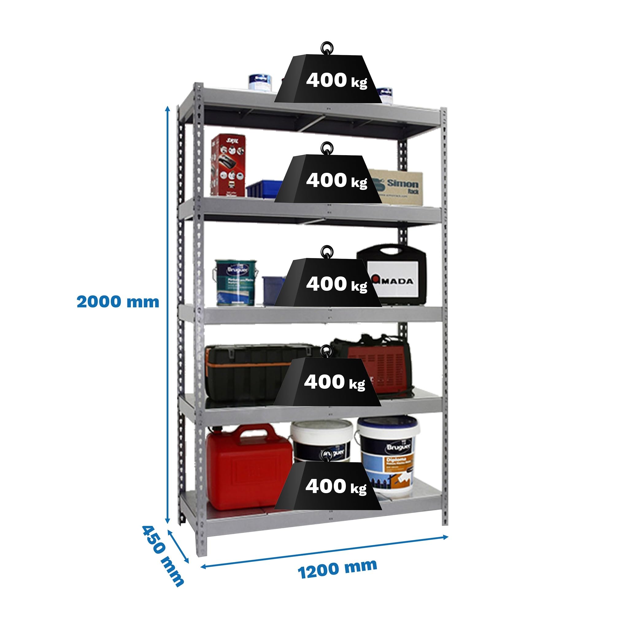 SimonRack Estantería Metálica Almacenaje, Sin Tornillos, 5 Baldas, Alta Capacidad Carga 400 kg, 2000x1200x450 mm, Estantería Taller Garaje Trastero, Galva/Galva