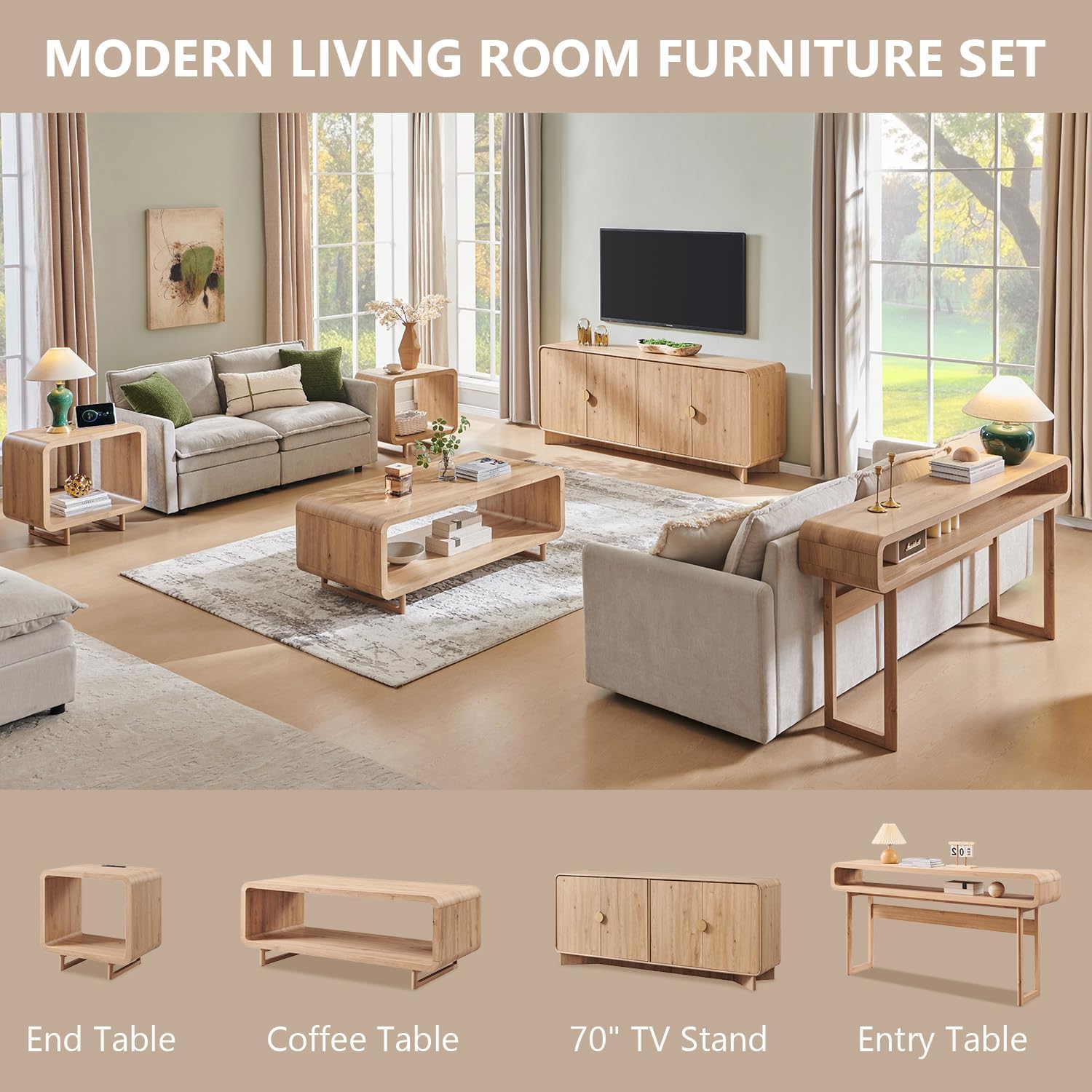 70" Modern TV Stand for TVs Up to 80 inches, 30" Tall Entertainment Center with Storage and Adjustable Shelves, TV Console with Curved Profile Design, Media Console for Living Room, Natural Oak - Image 7