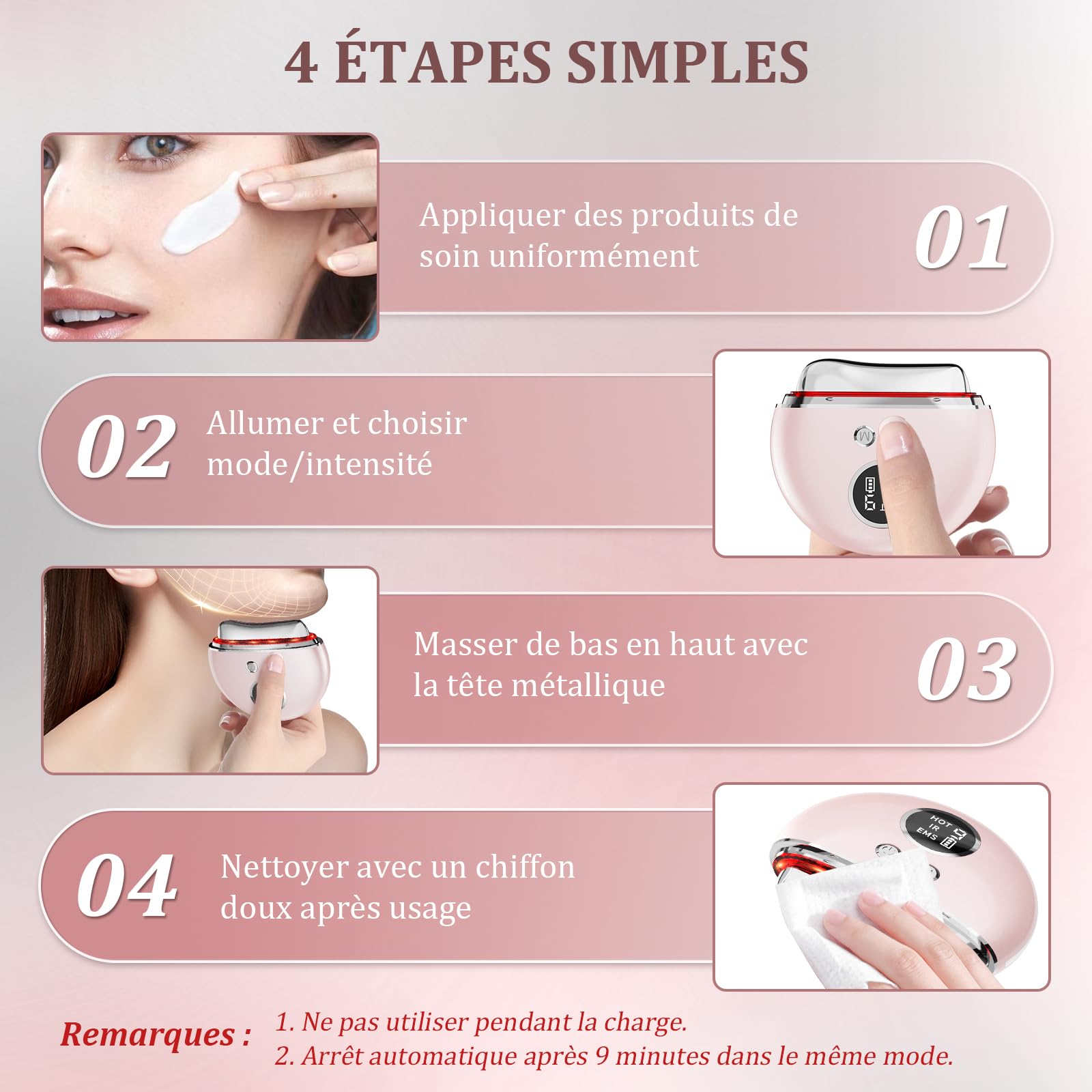 Appareil Anti Rides Massage Visage: Masseur Lifting Visage avec 9 Niveaux de Réglage et 4 Modes - Gua Sha Électrique EMS Massage Thermique à 45℃ - Appareil de Beauté Double Menton avec 3 LED Couleurs