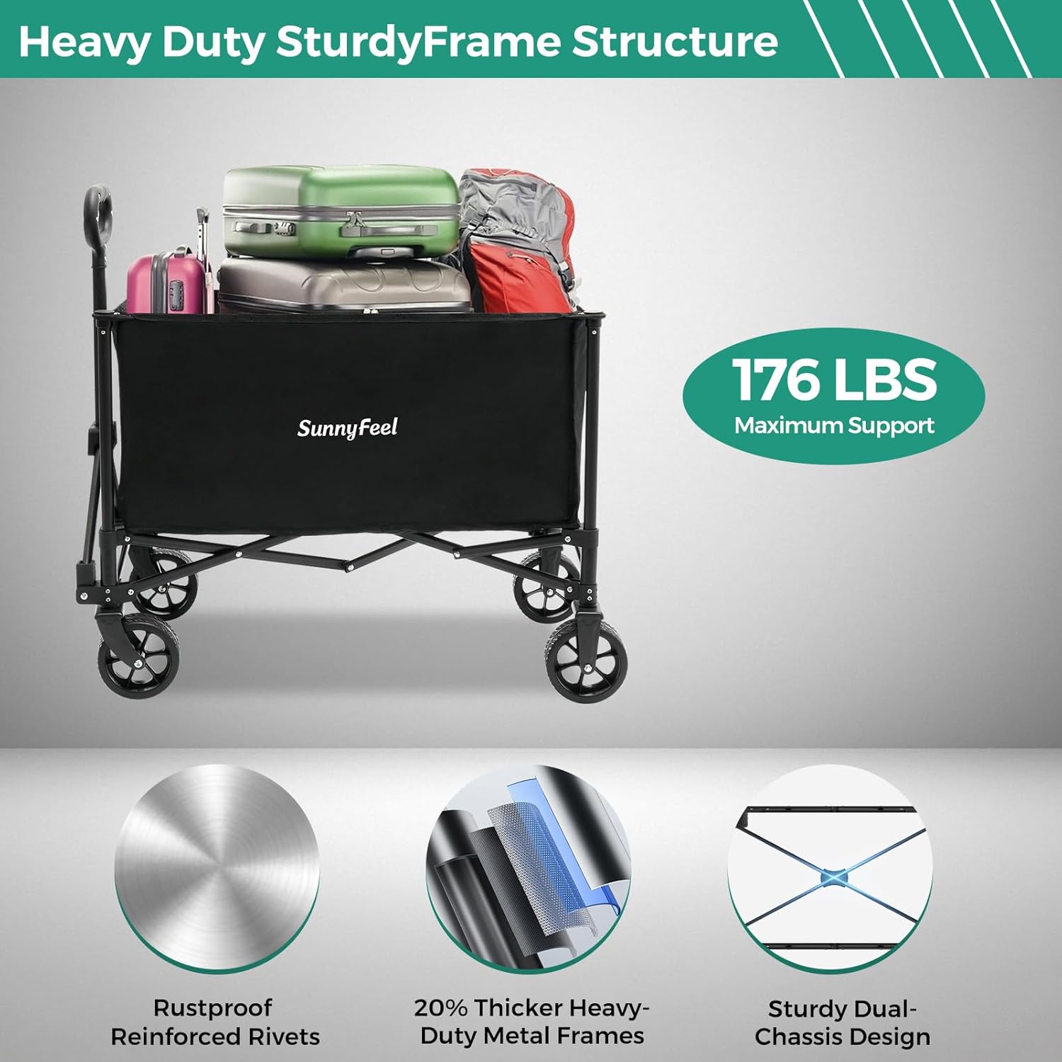 SUNNYFEEL Collapsible Wagon Cart with Wheels Foldable - 176lbs Standard Borderless Version Wagon Carts for Grocery Sports Garden Shopping Camping(Black-5.8 Cu Ft, 164L)