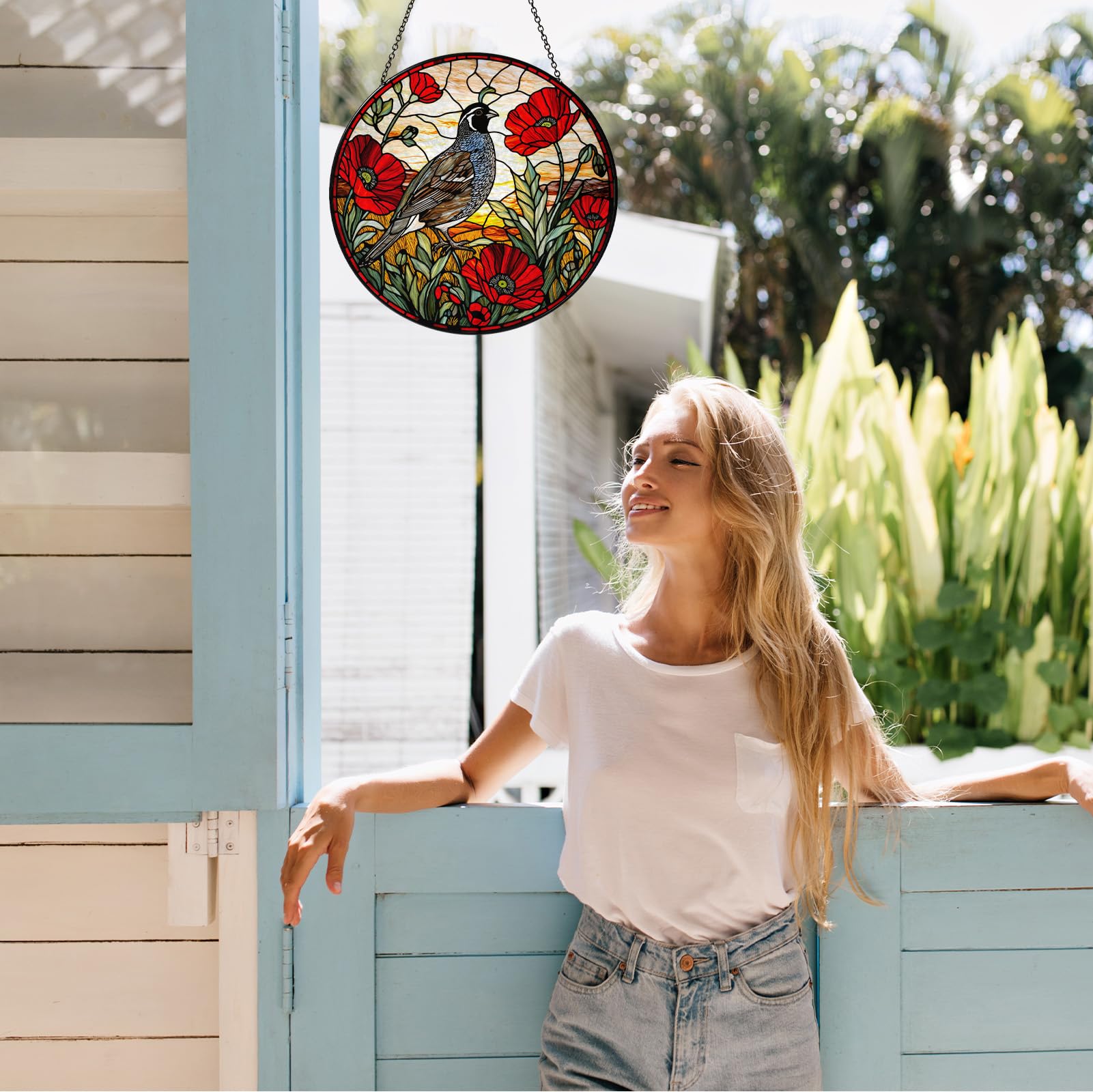 Atrapasueños de California con rama de amapolas, vitrales colgantes para ventana, atrapasueños para mujeres, hechos a mano, decoración para colgar ventanas de jardín, hogar, 7.87 pulgadas