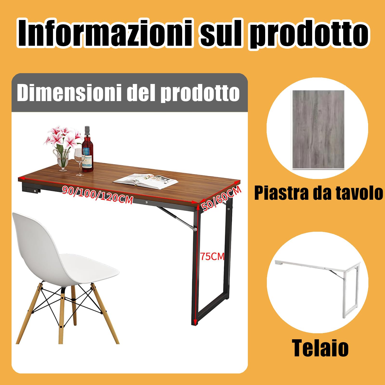 Tavolo Pieghevole Salvaspazio a Parete - Scrivania Richiudibile in Legno Massiccio con Telaio Acciaio Salvaspazio, alla moda e bello, adatto per il soggiorno, la sala da pranzo, la roulotte