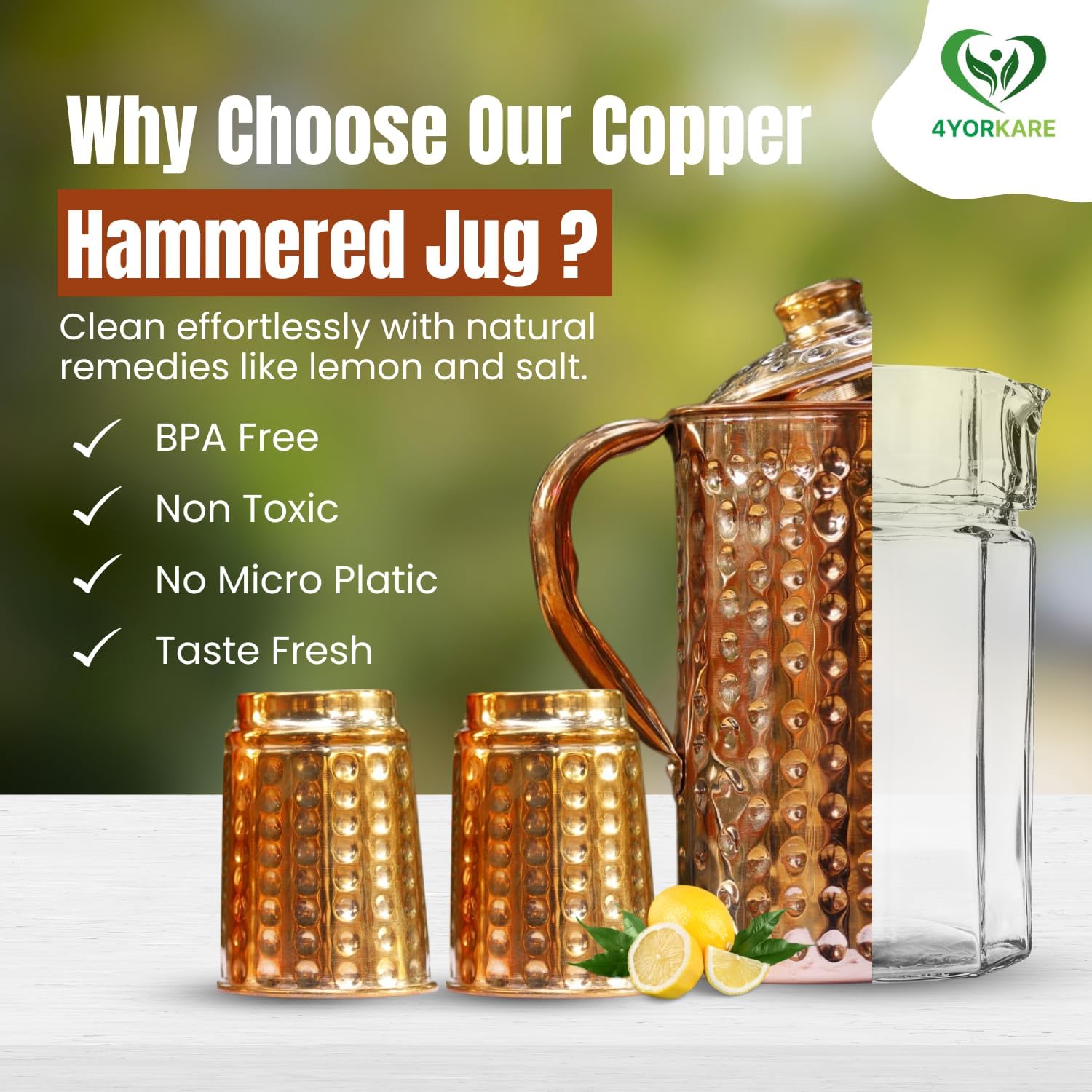 Pure Copper Hammered Pitcher with Lid - 1500ml/50 Oz Jug & 2 Copper Glass Tumblers, Drink More Water | Stay Hydrated & Enjoy Health Benefits