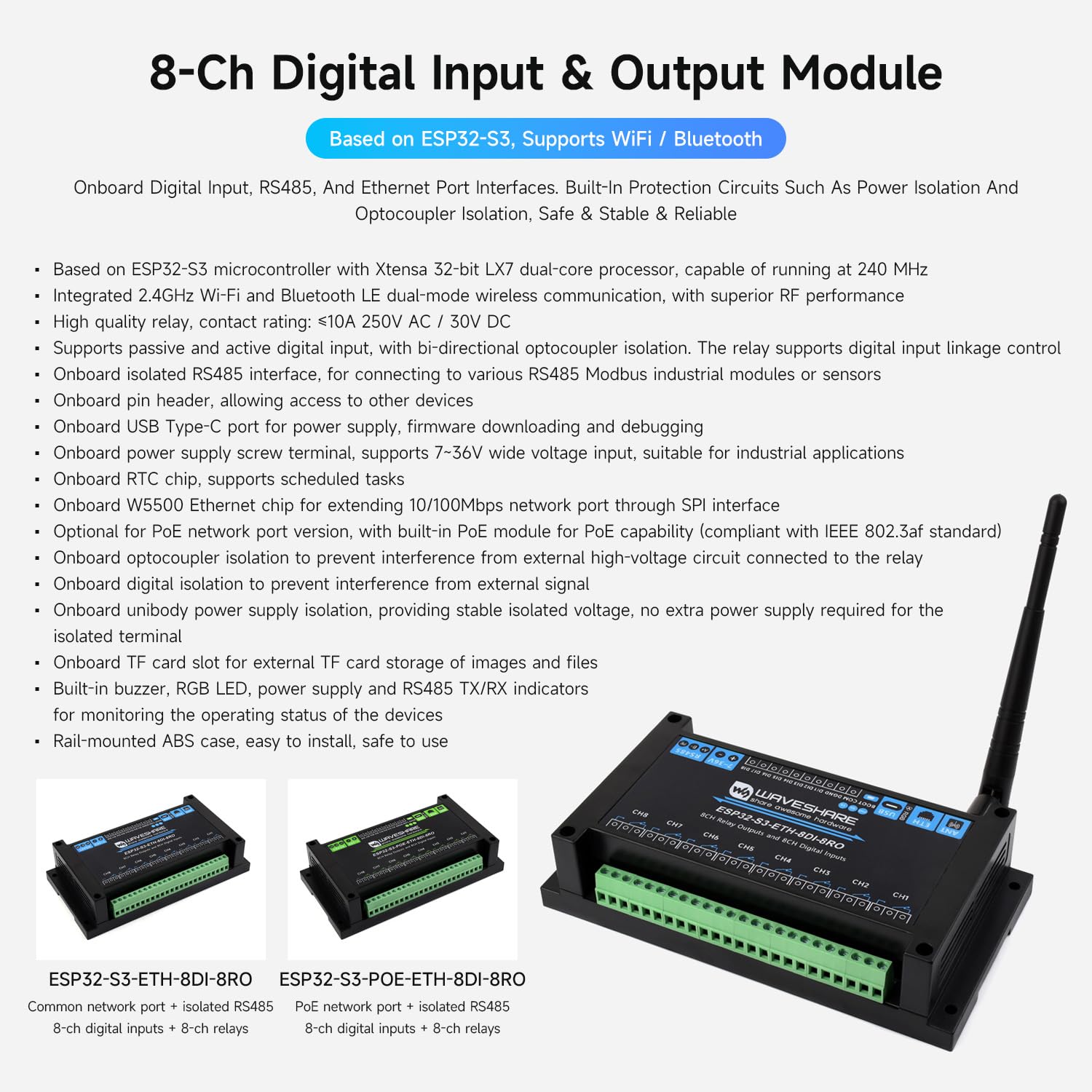 Waveshare ESP32-S3-ETH-8DI-8RO(Common Network Port), Industrial 8-Ch ESP32-S3 WiFi Relay Module, Isolated RS485 Interface, Xtensa 32-bit LX7 2-Core Processor, Up To 240MHz, Multi Isolation Protection