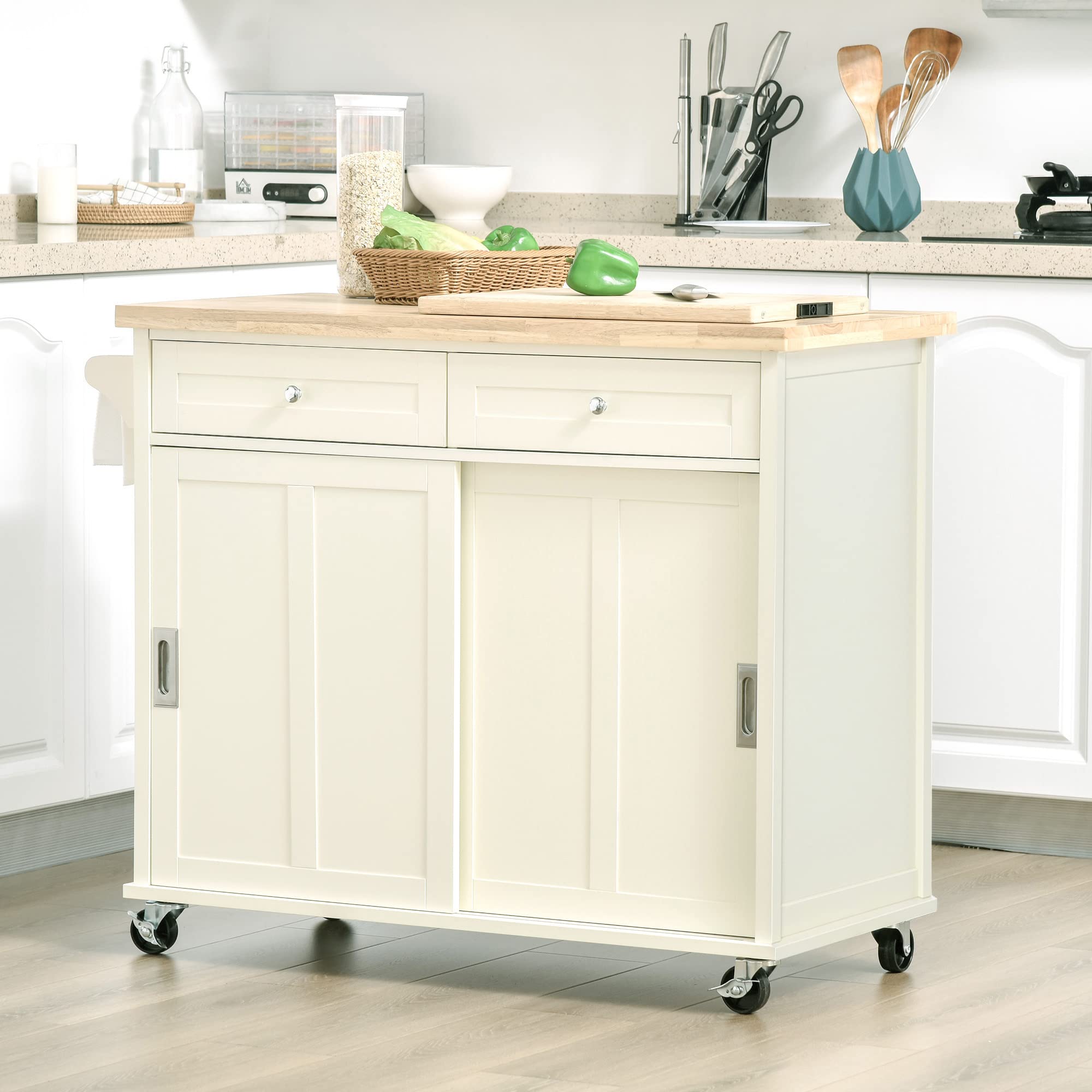 HOMCOM Isola per Cucina in Legno e MDF con Cassetti, Armadietto e Portasciugamani, Carrello da Cucina a 4 Ruote per Utensili, 110x49.5x89.5 cm, Bianco
