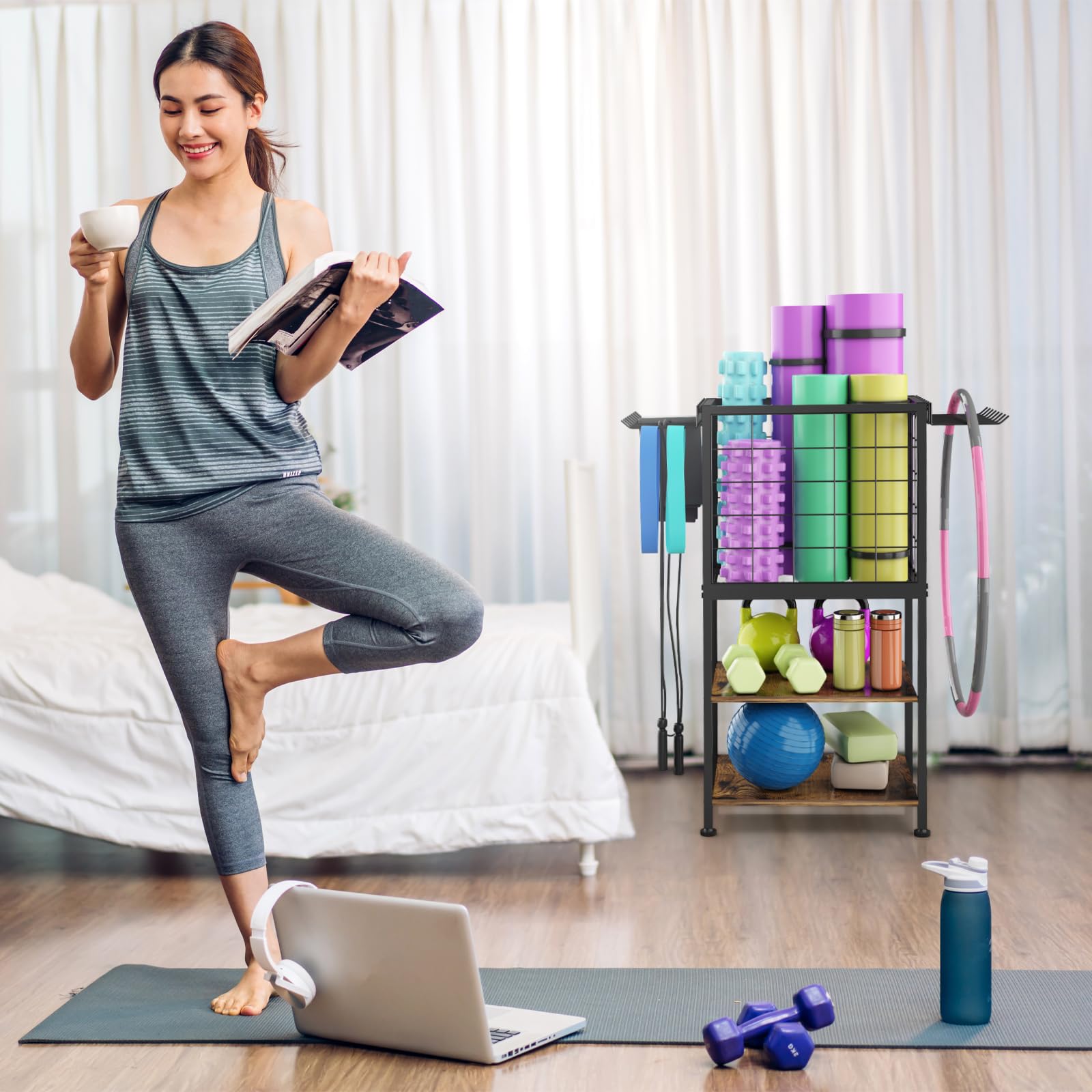 QWORK Hantelständer Mit Rädern – Für Yogamatten, Hanteln & Kugelhanteln, Trägt Bis 100 Kg, Maße 102x40x93 Cm